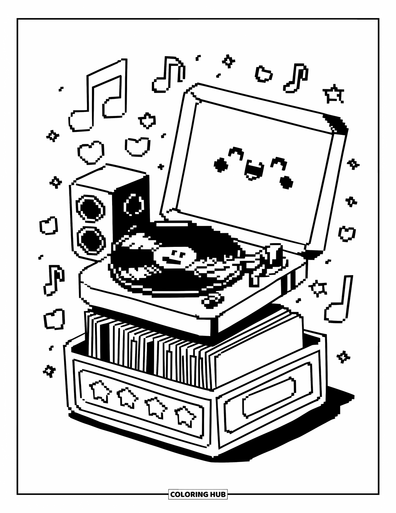 Pixel Coloring Page for Adults: Pixel record player with a smiling disc, music notes, and blocky speakers