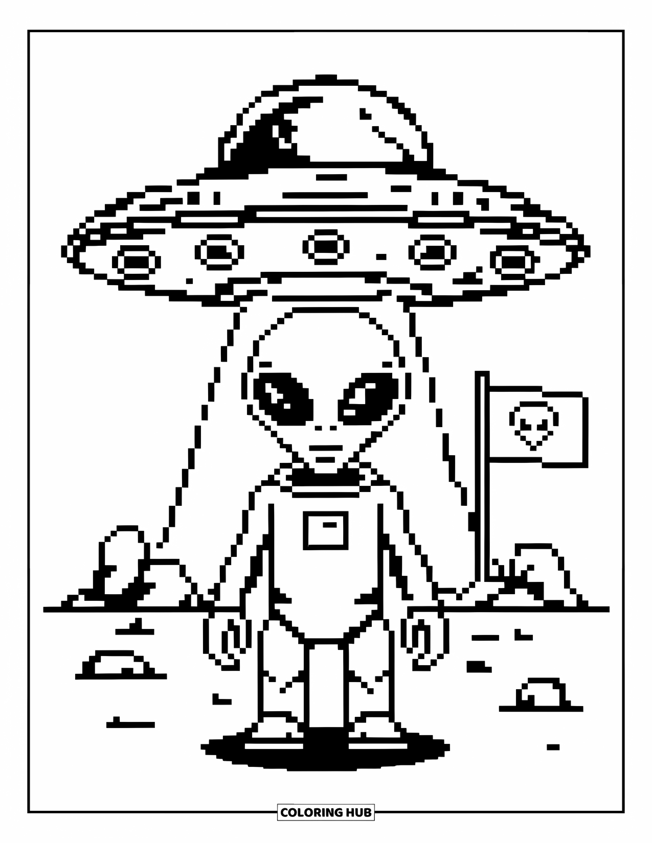 Pixel Coloring Page for Kids: Pixel alien in spacesuit with UFO hovering above rocks and a flag