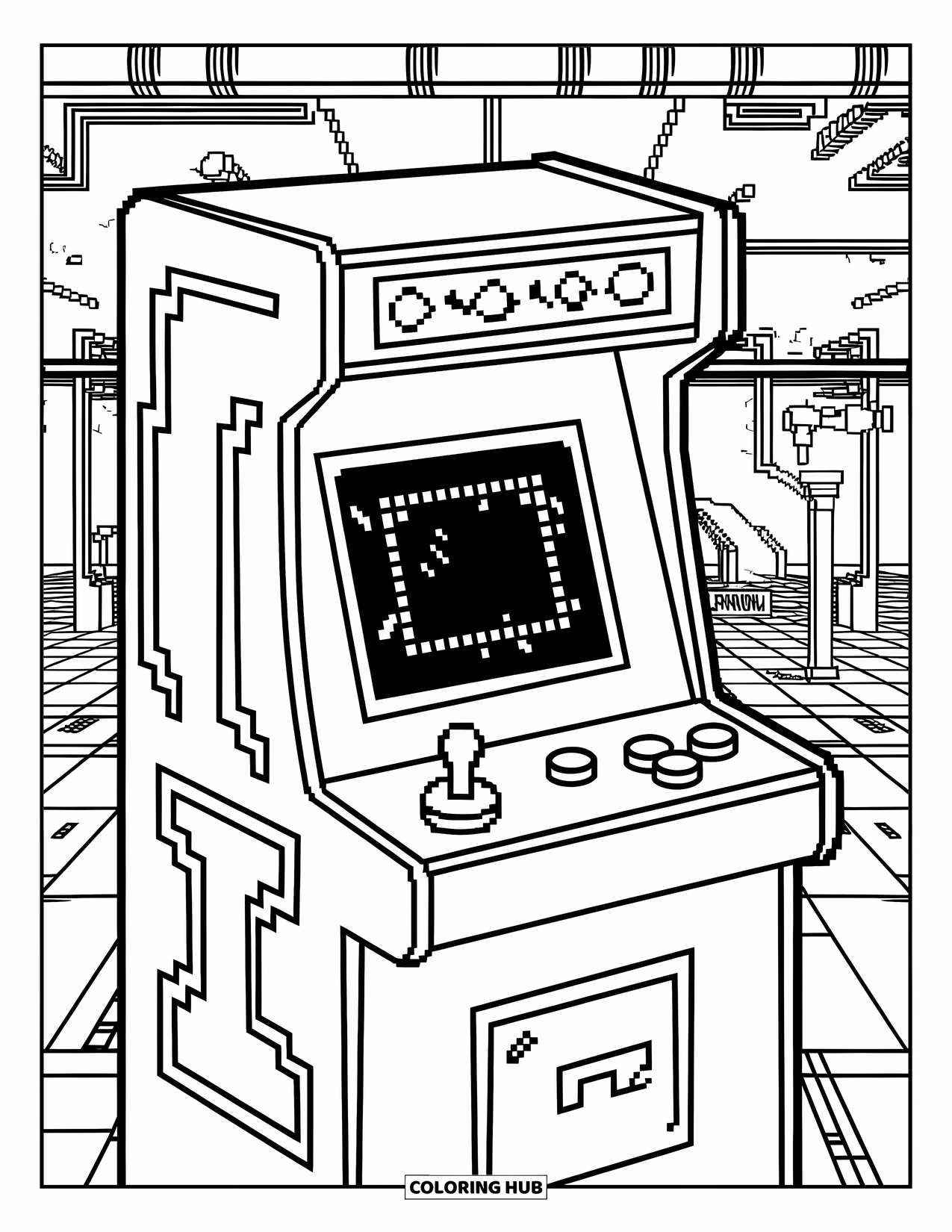 Pixel Coloring Page for Kids: Pixel arcade machine with glitch effects and a retro game level