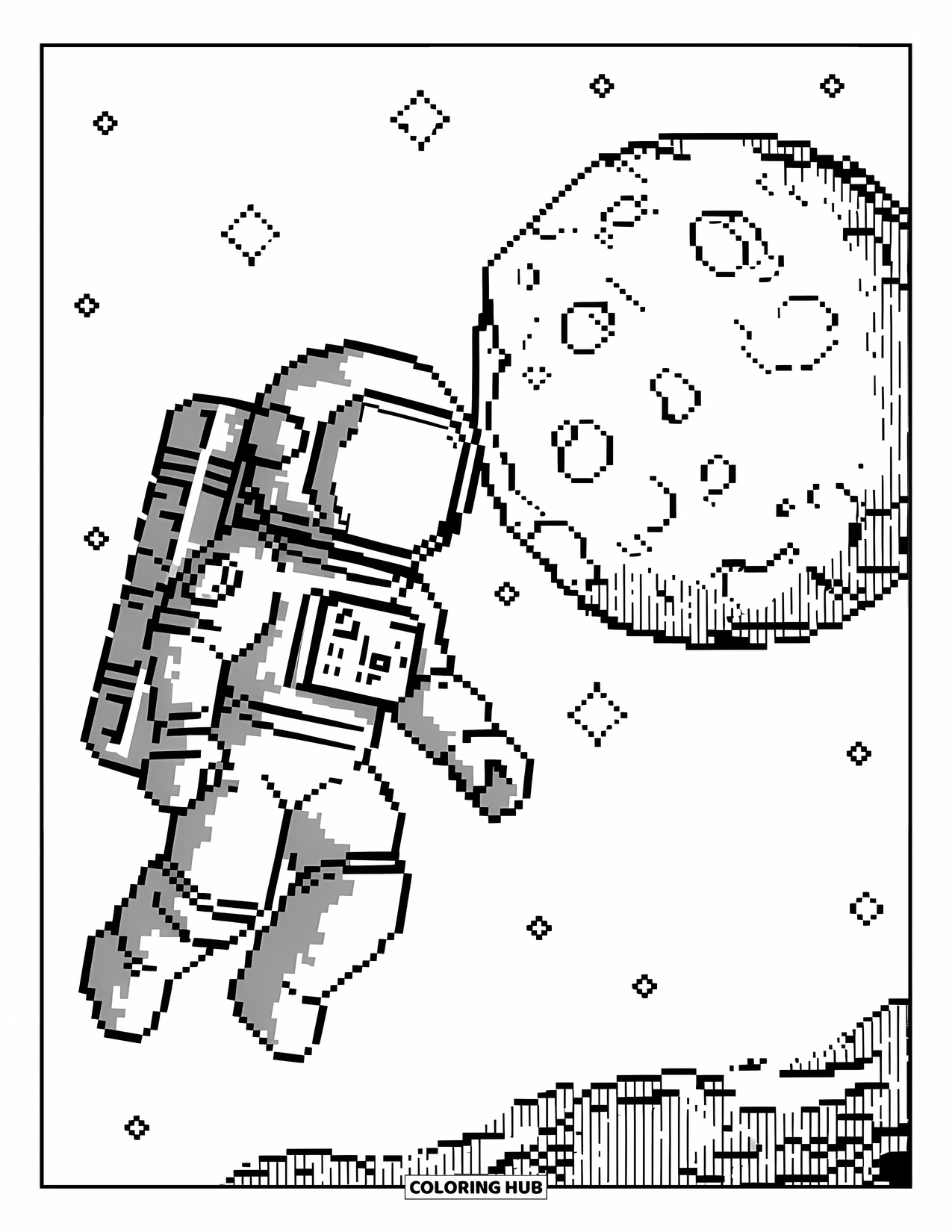 Pixel Coloring Page for Kids: Pixel astronaut floating near a cratered blocky planet