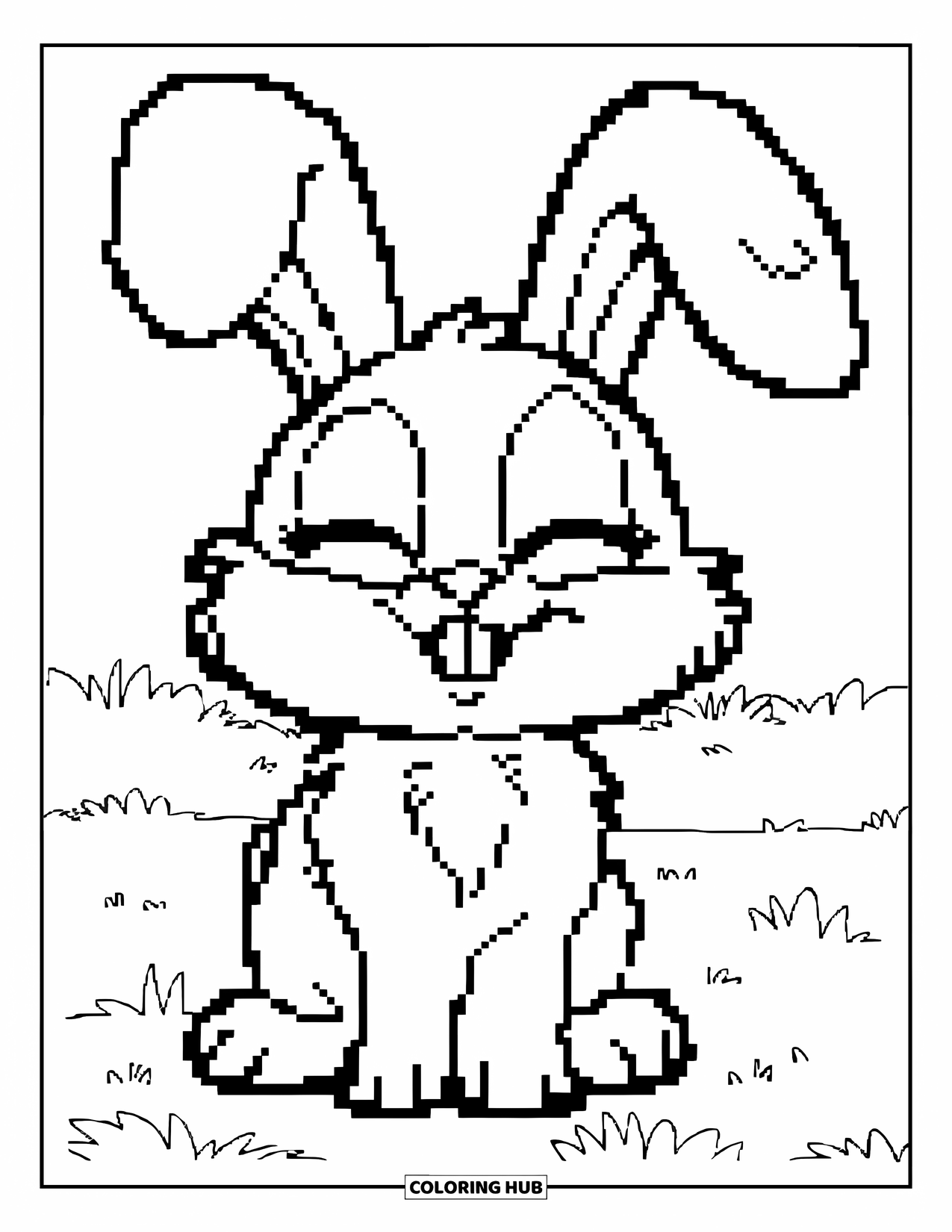 Pixel Coloring Page for Kids: Pixel bunny sitting with floppy ears in a grassy field