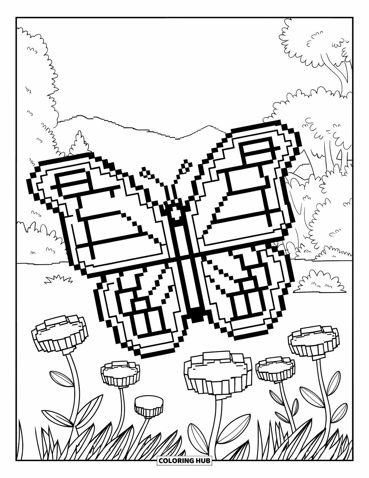 Pixel Coloring Page for Kids: Pixel butterfly with patterned wings flying among flowers in a scenic landscape