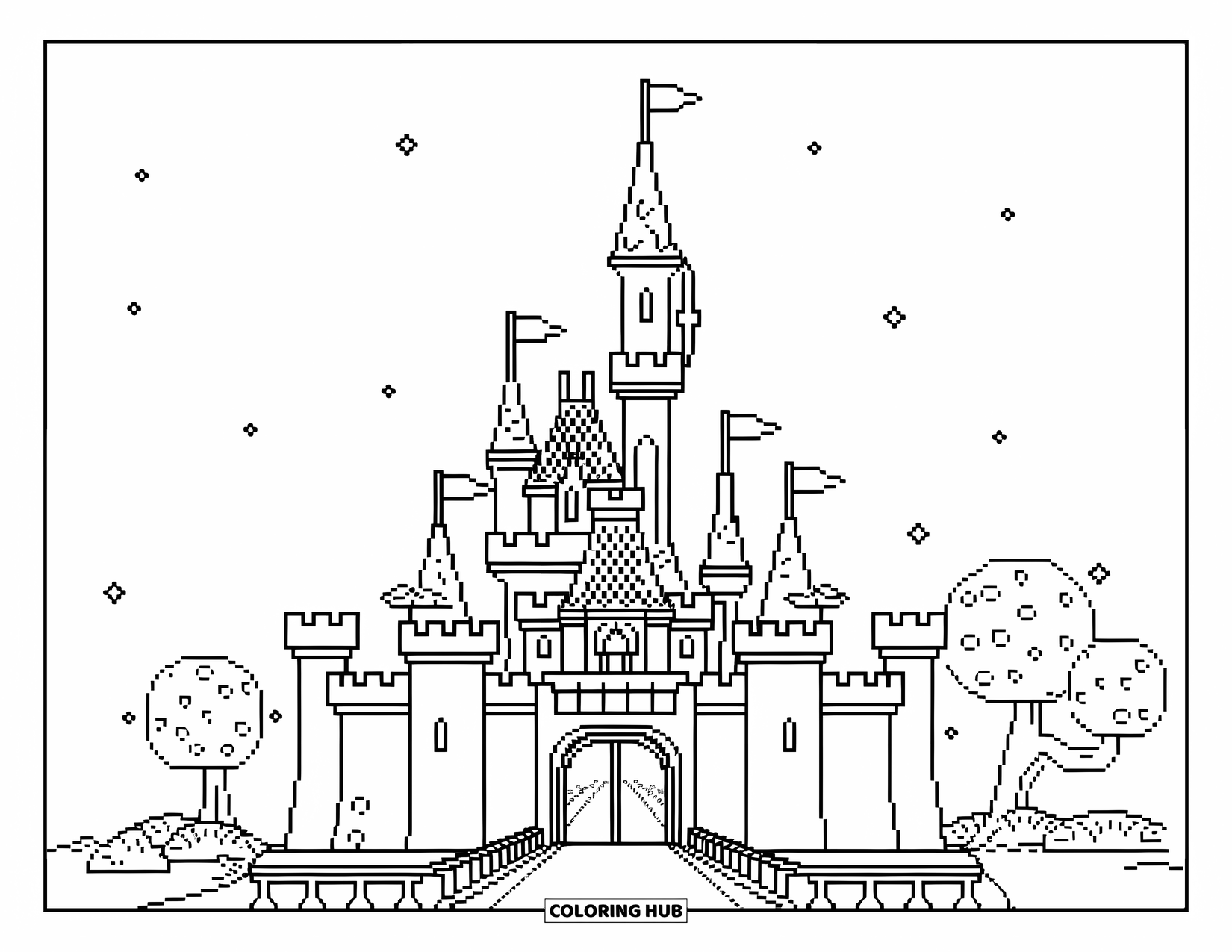 Pixel Coloring Page for Kids: Pixel castle with a flag and stars in the sky