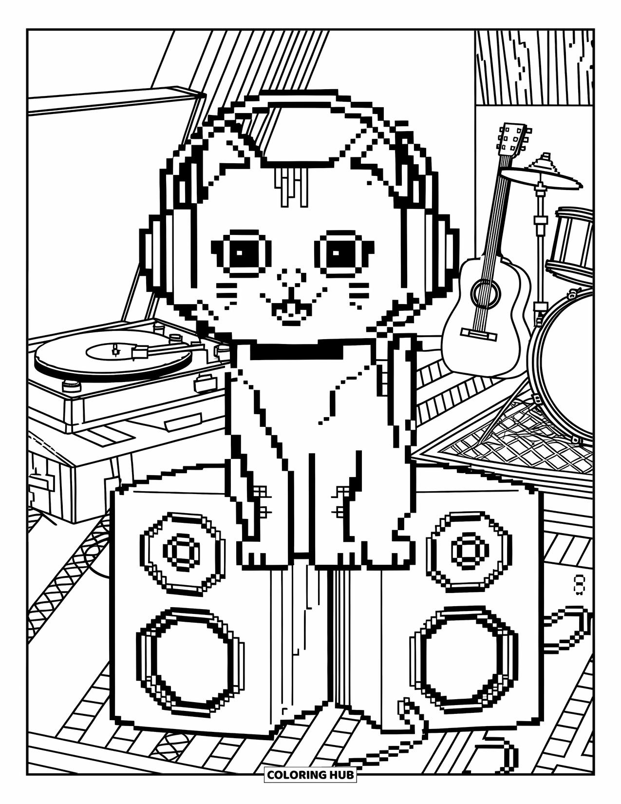 Pixel Coloring Page for Kids: Pixel cat with headphones sitting on speakers in a music room