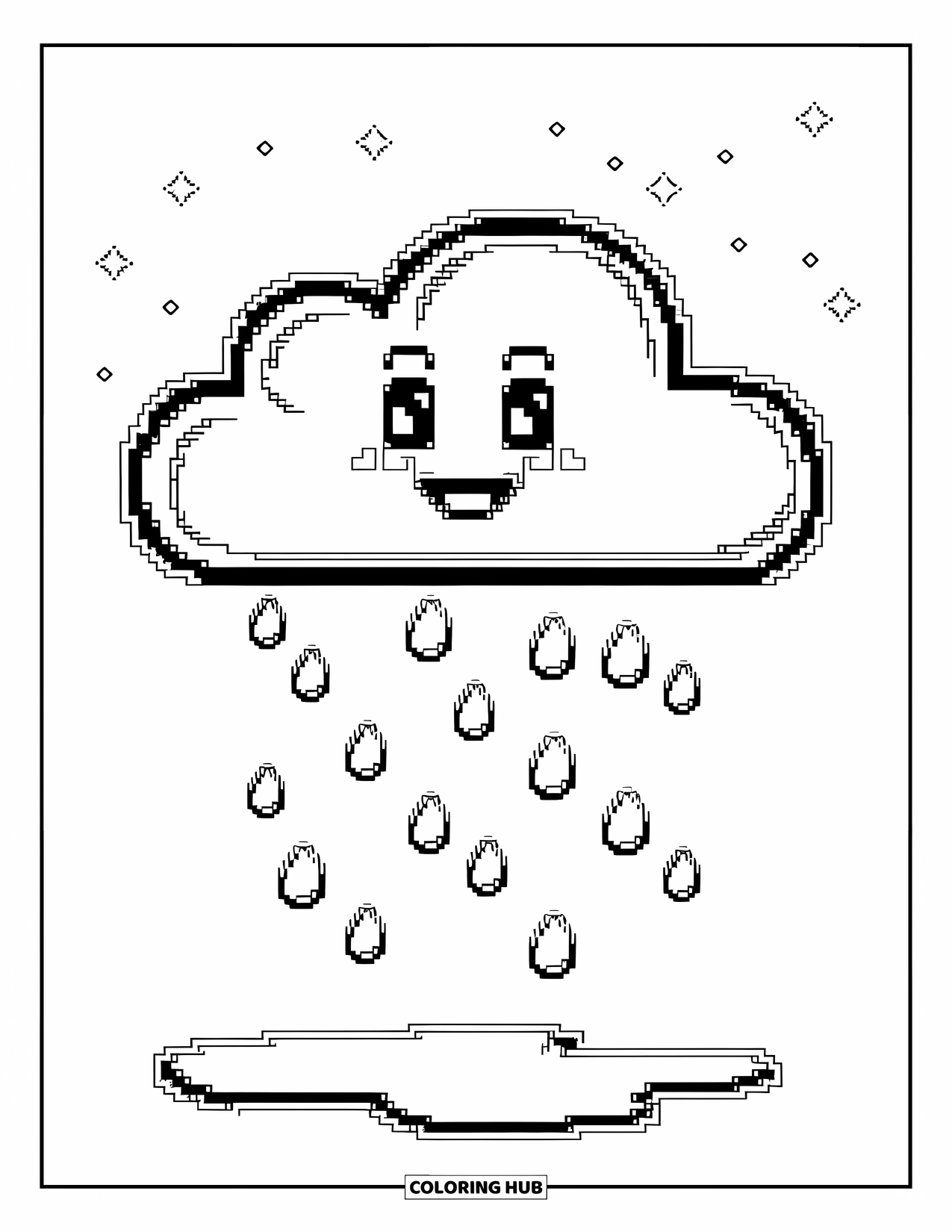 Pixel Coloring Page for Kids: Pixel cloud smiling with raindrops forming a puddle under a starry sky