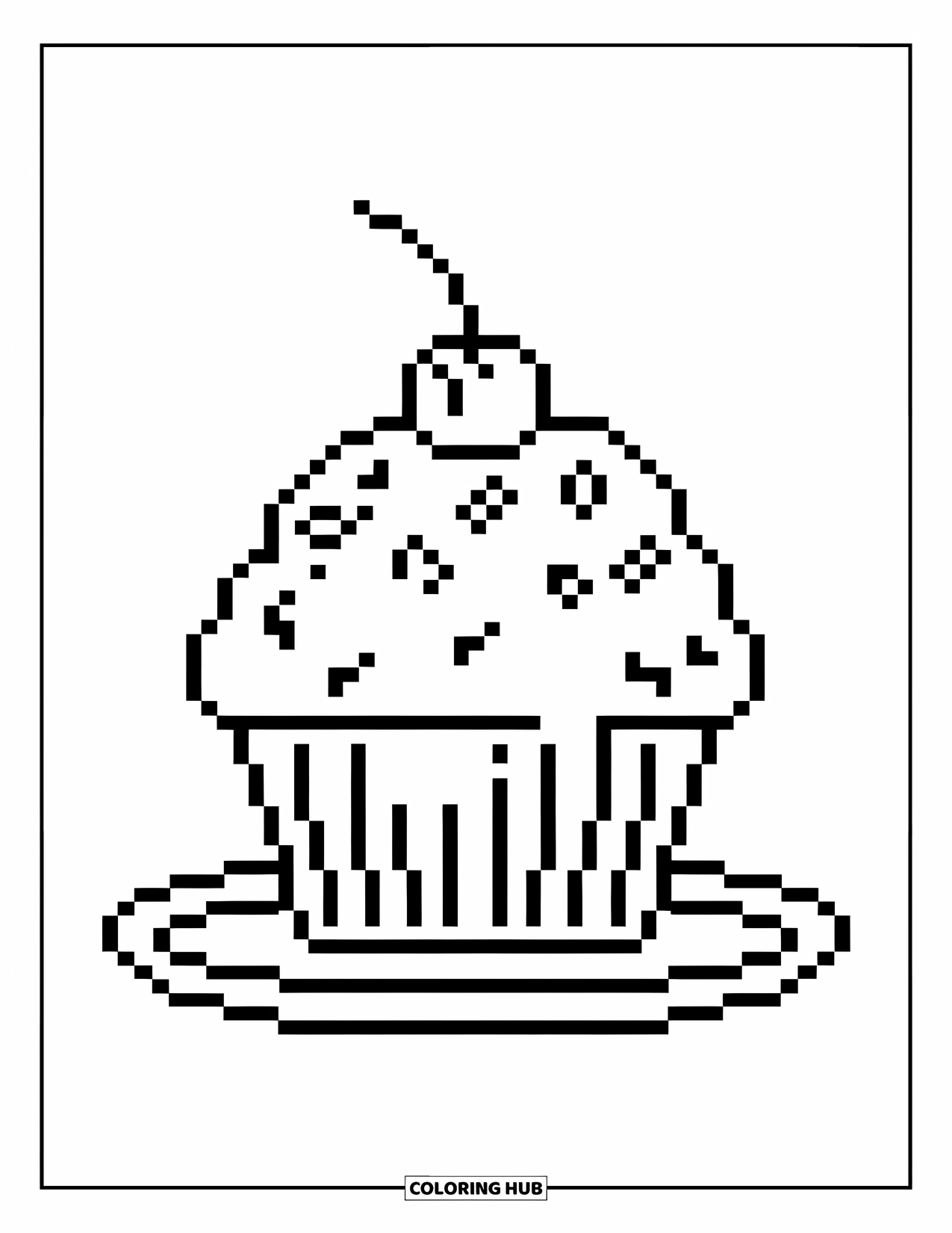 Pixel Coloring Page for Kids: Pixel cupcake on a plate with sprinkles and a cherry