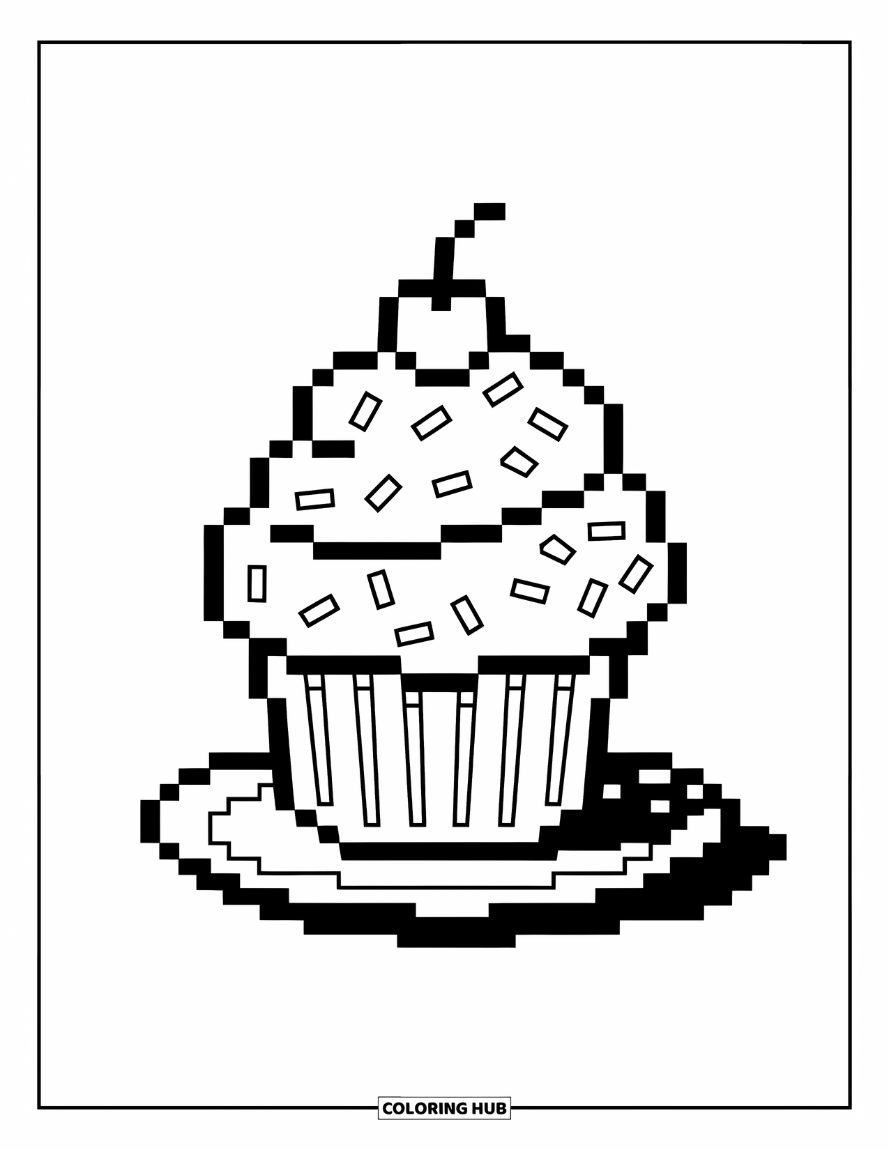 Pixel Coloring Page for Kids: Pixel cupcake with sprinkles and a cherry on a plate
