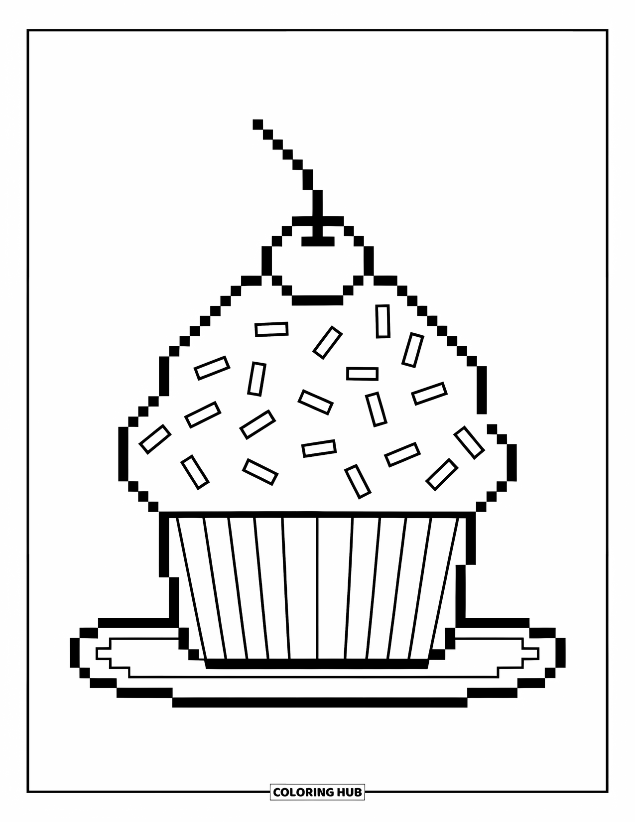 Pixel Coloring Page for Kids: Pixel cupcake with sprinkles and a cherry on top