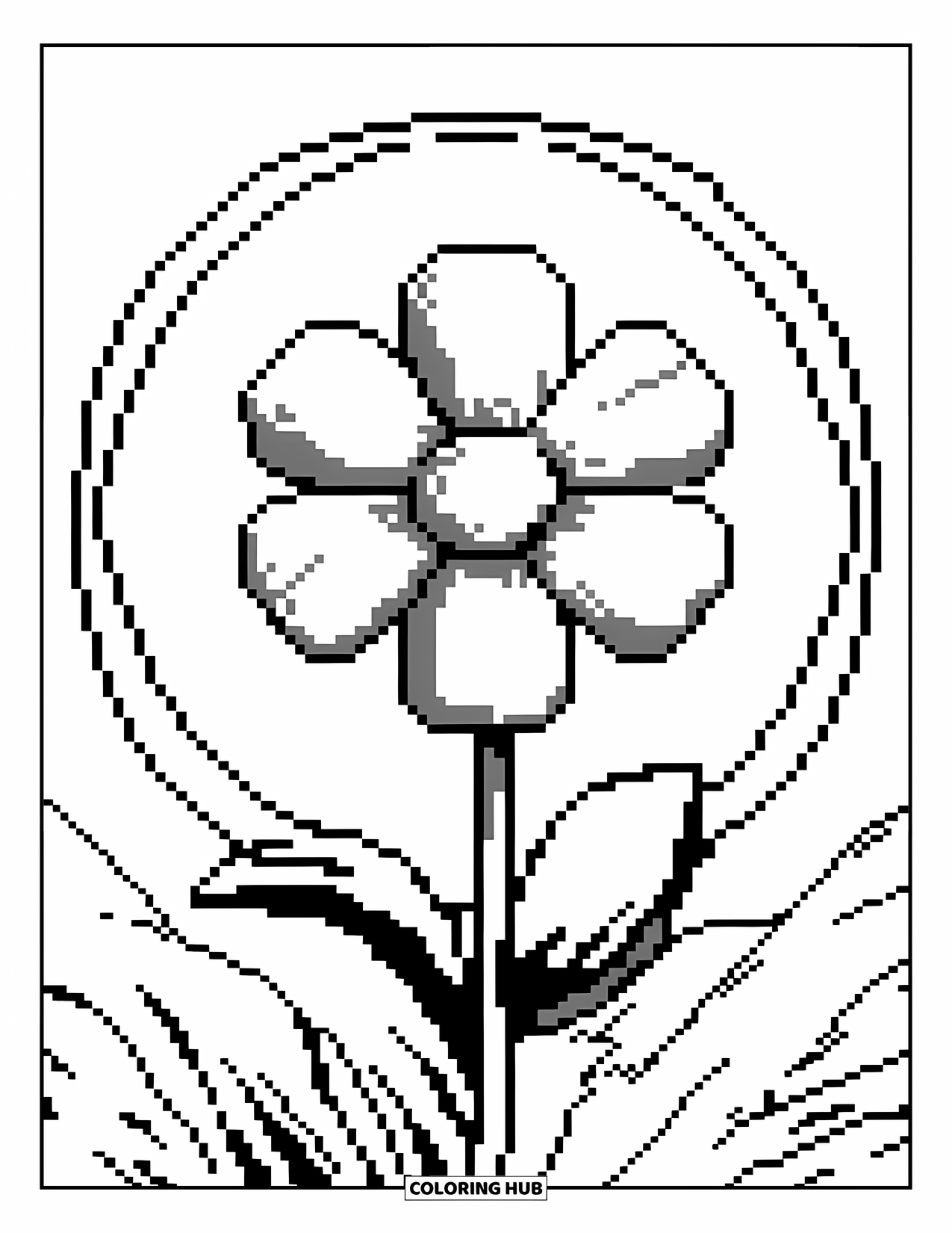 Pixel Coloring Page for Kids: Pixel flower with a circular background behind it