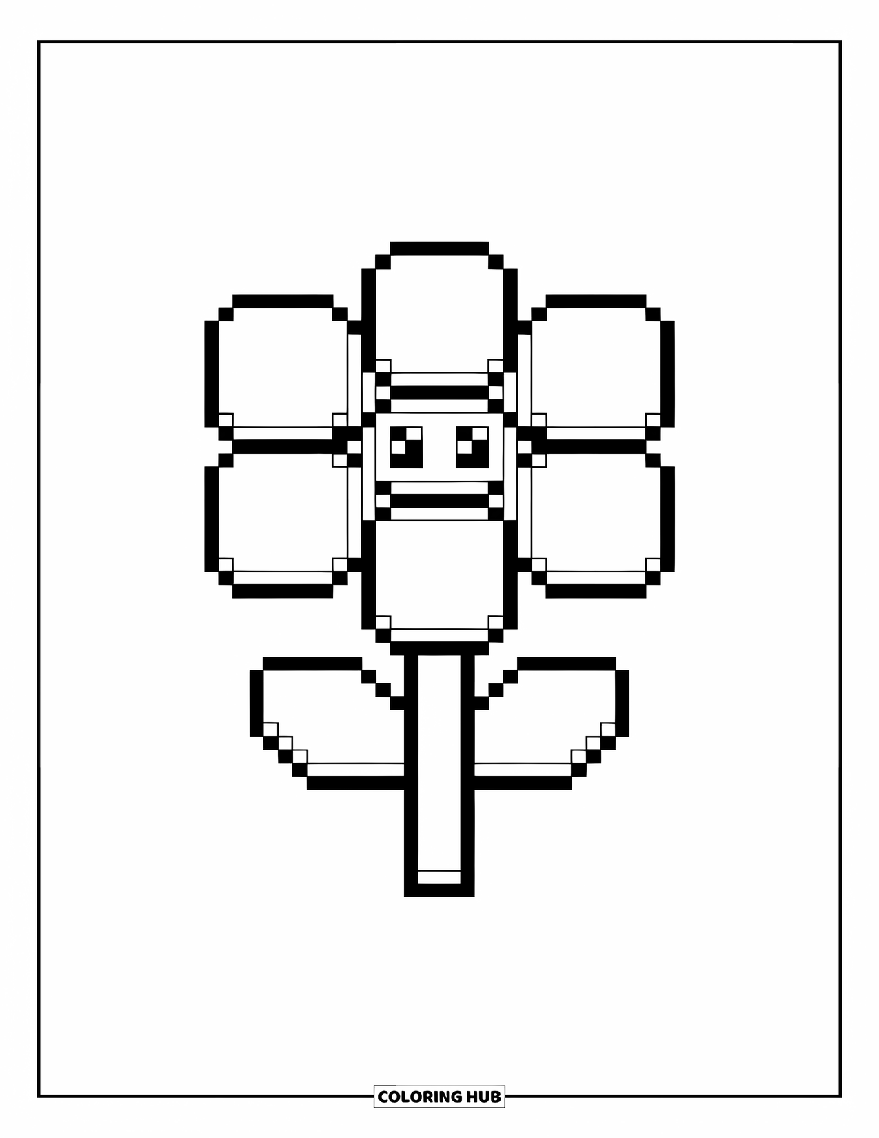 Pixel Coloring Page for Kids: Pixel flower with six petals and a chunky stem