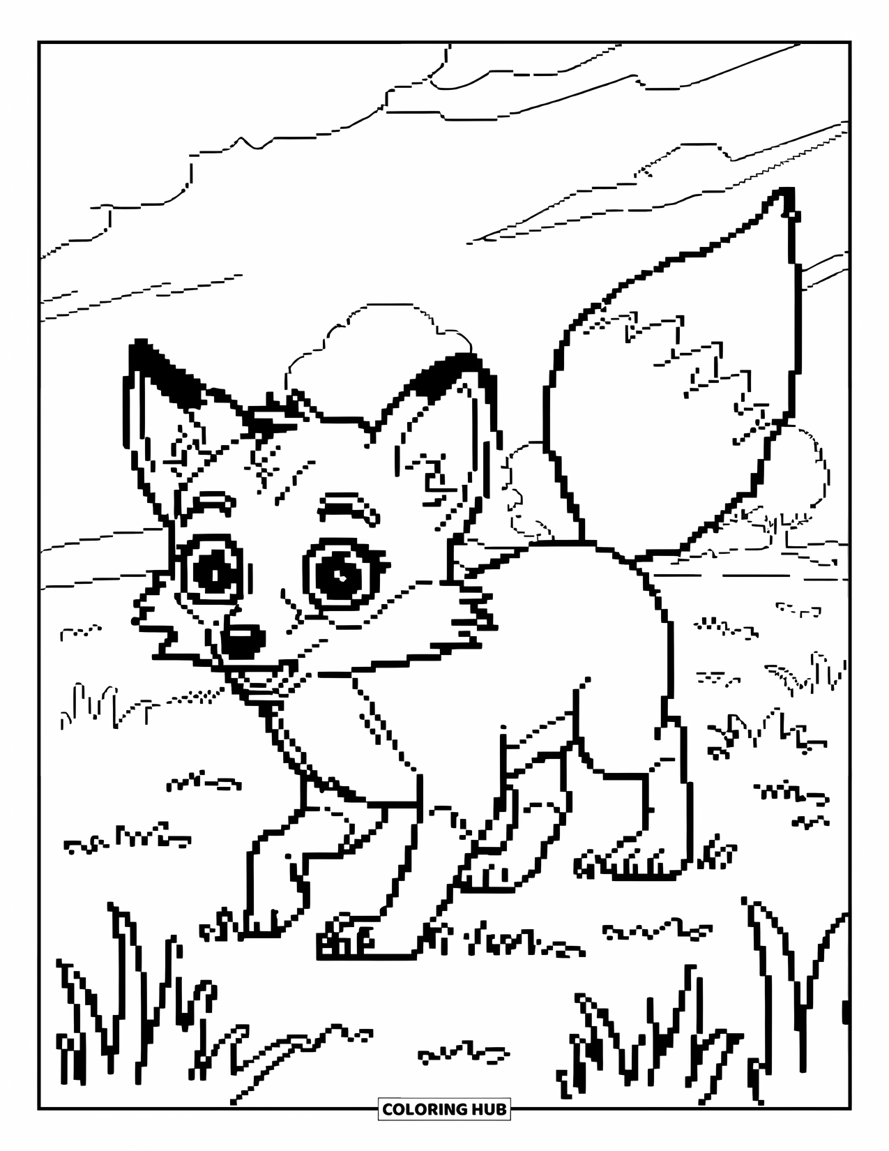 Pixel Coloring Page for Kids: Pixel fox with big eyes walking near trees and clouds