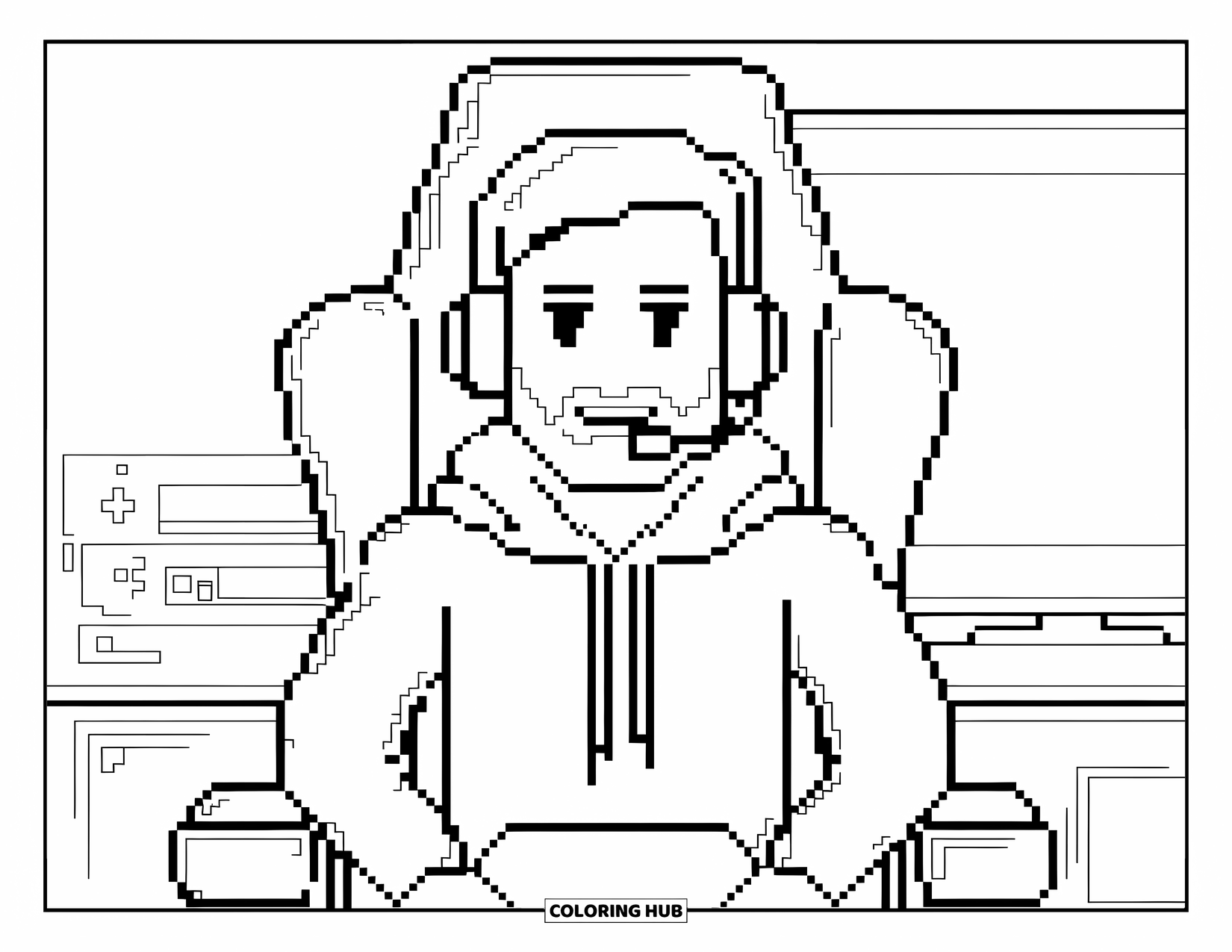 Pixel Coloring Page for Kids: Pixel gamer avatar with a hoodie and beard playing near a TV