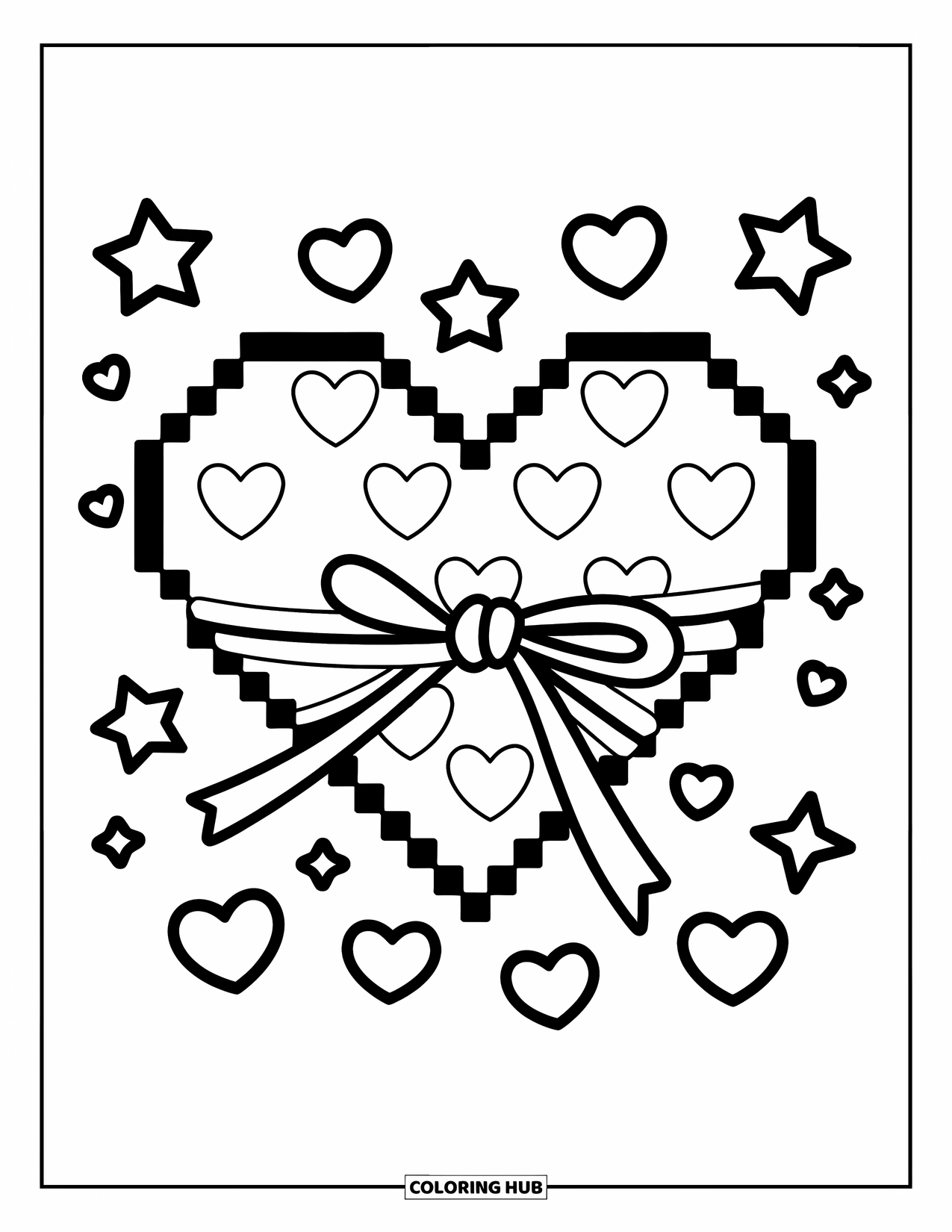 Pixel Coloring Page for Kids: Pixel heart made of smaller hearts with a ribbon and stars