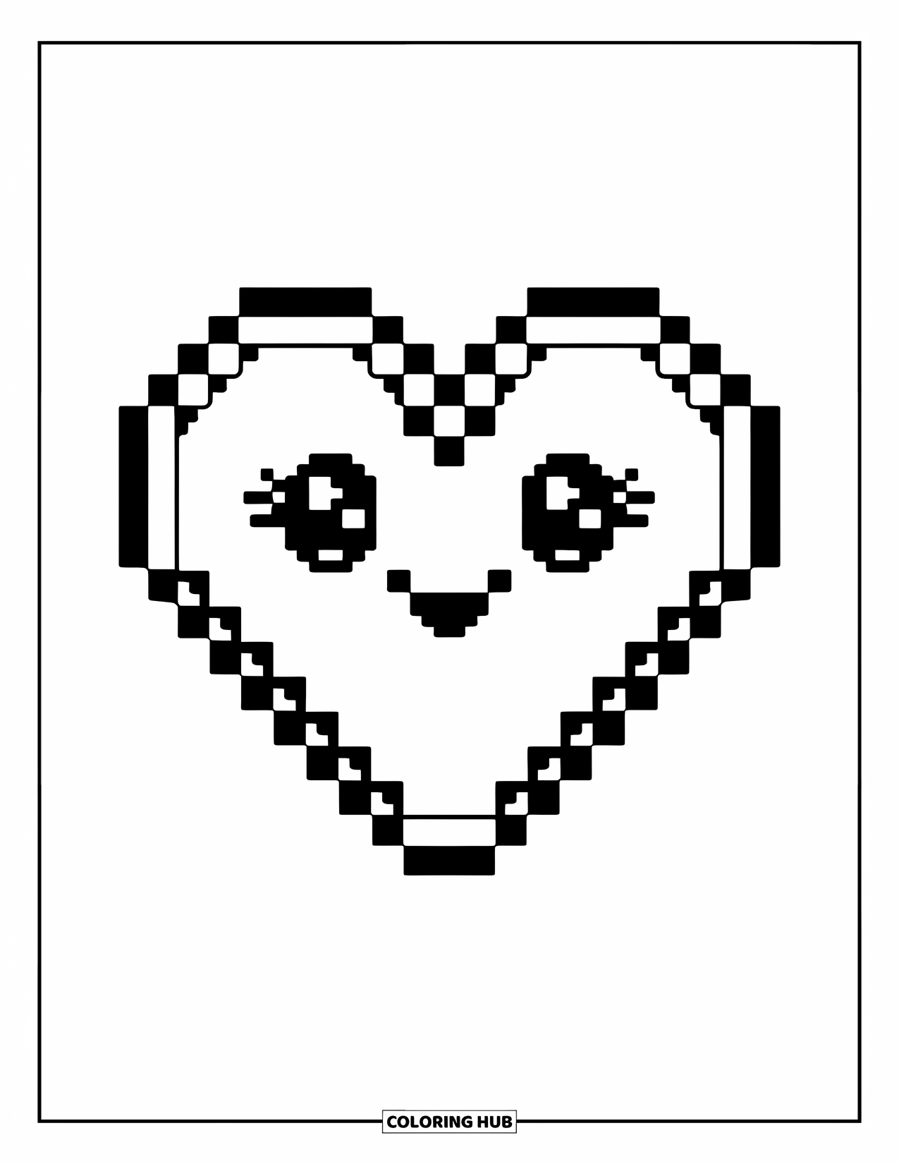 Pixel Coloring Page for Kids: Pixel heart with moderate details and a bold outline