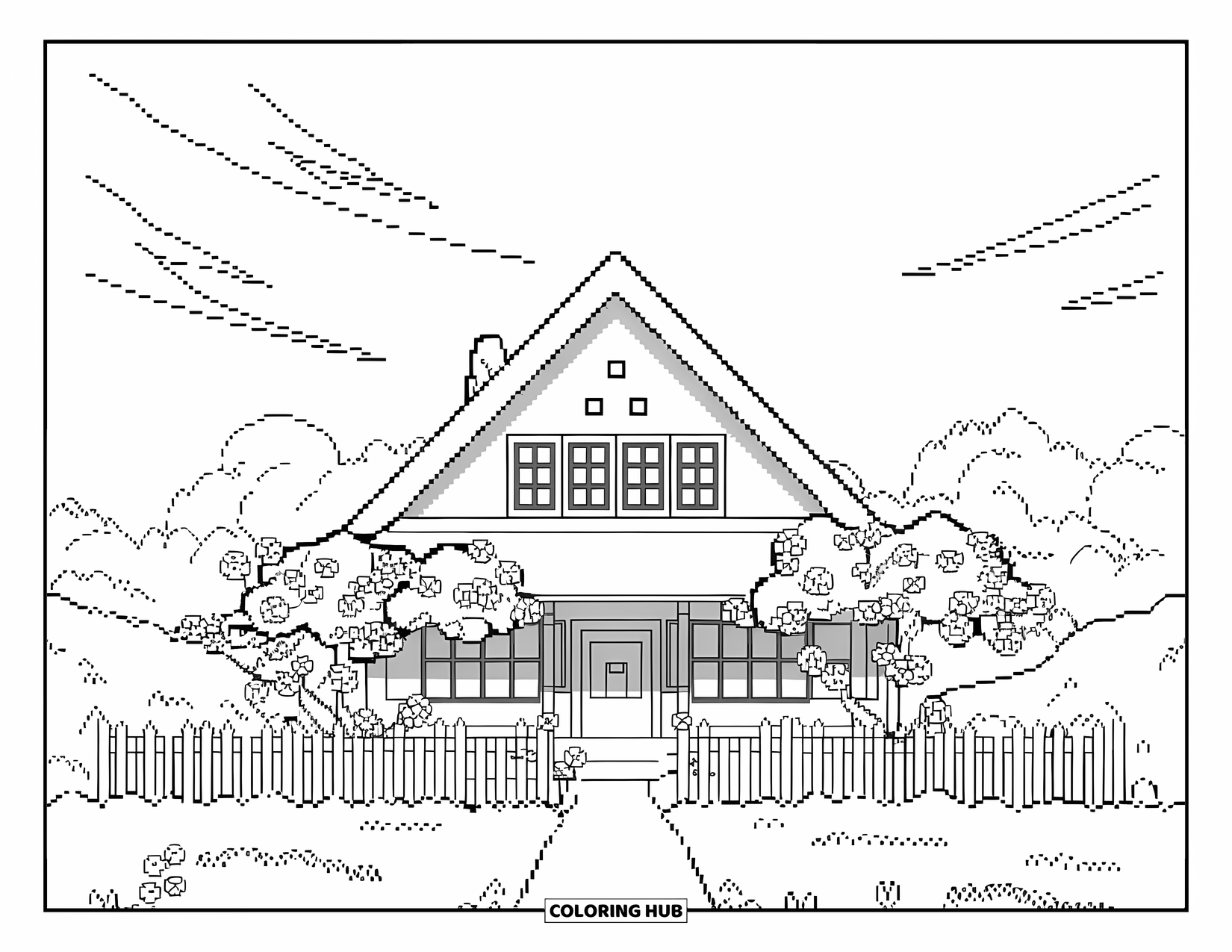 Pixel Coloring Page for Kids: Pixel house with a picket fence and blooming cherry blossoms