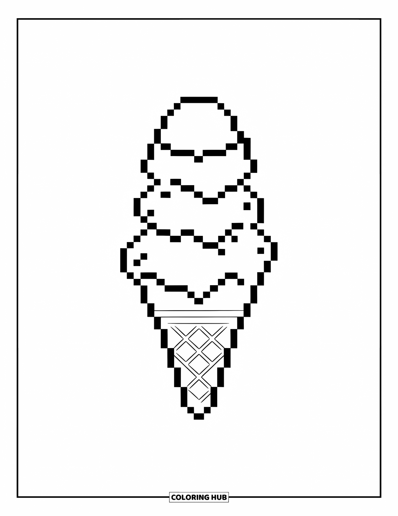 Pixel Coloring Page for Kids: Pixel ice cream cone stacked with multiple scoops