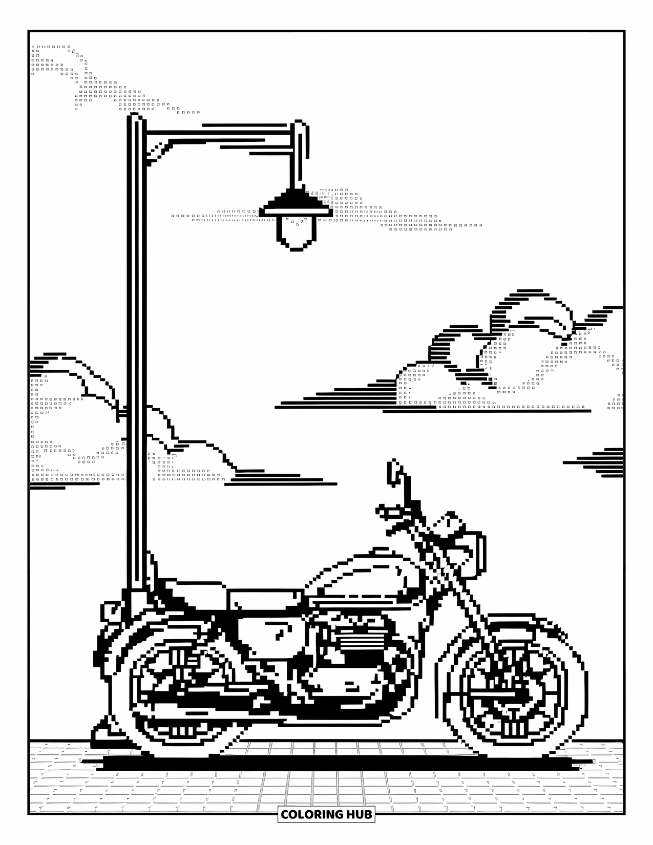 Pixel Coloring Page for Kids: Pixel motorcycle parked near a streetlight under a pixelated sky