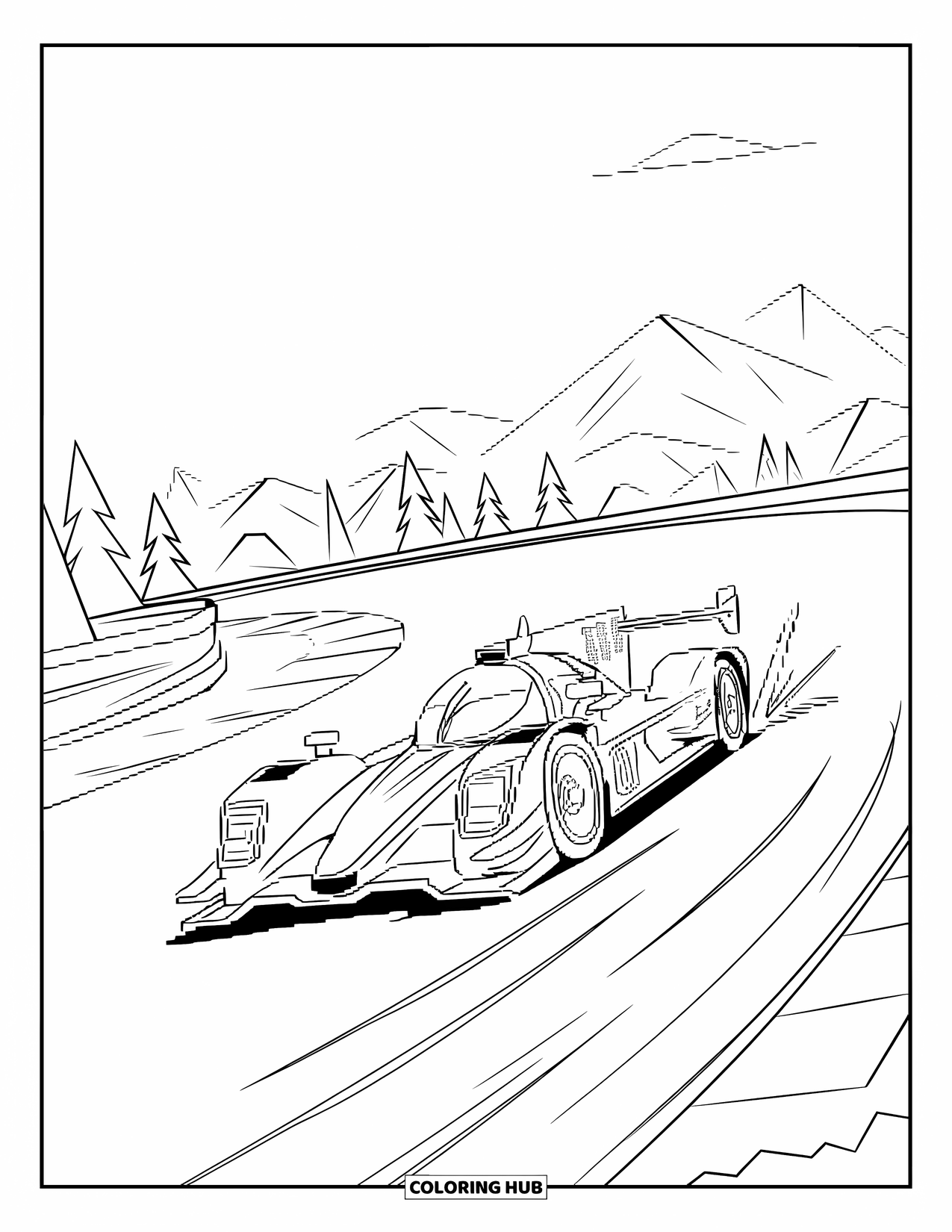 Pixel Coloring Page for Kids: Pixel race car speeding with sparks on a mountain track