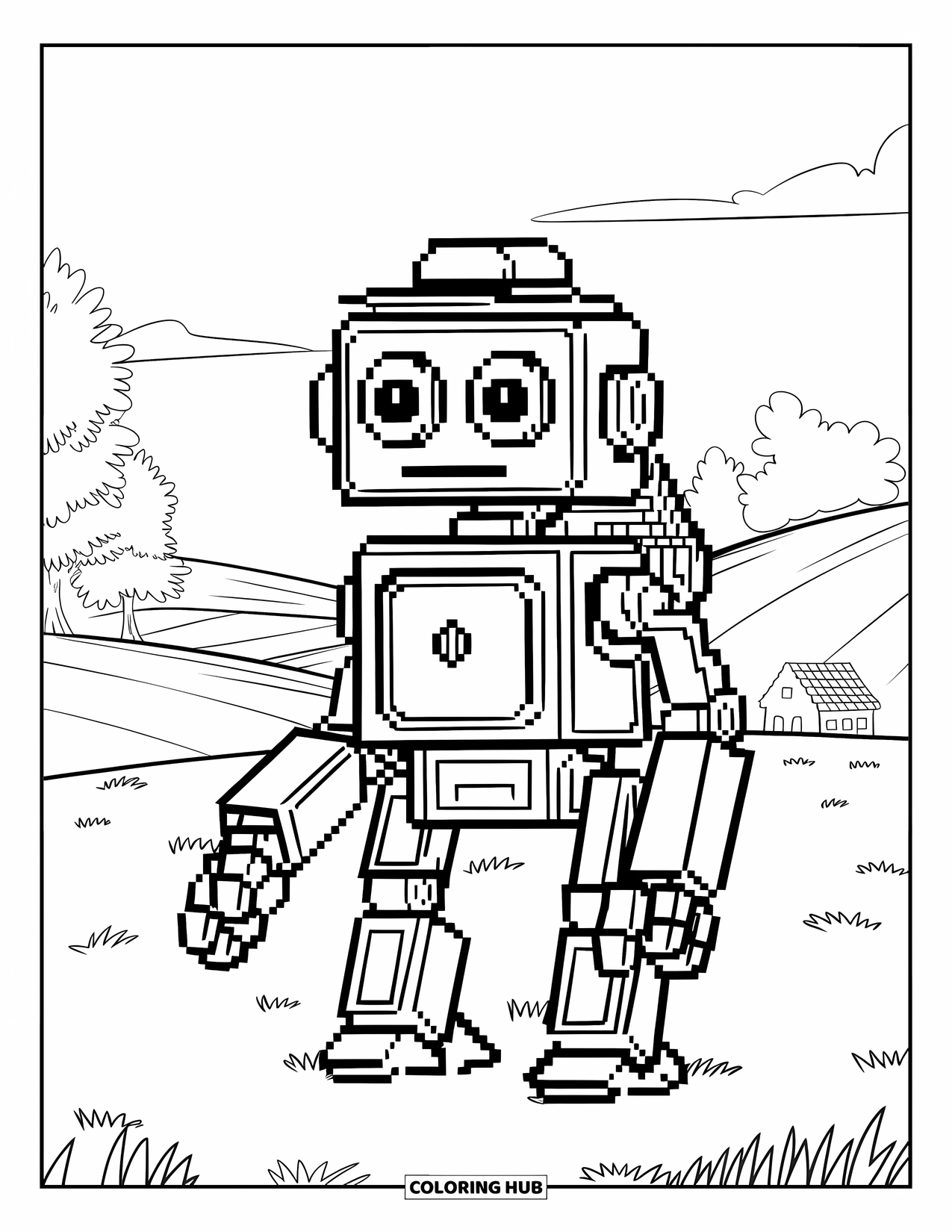 Pixel Coloring Page for Kids: Pixel robot with a house on its back standing in a grassy field
