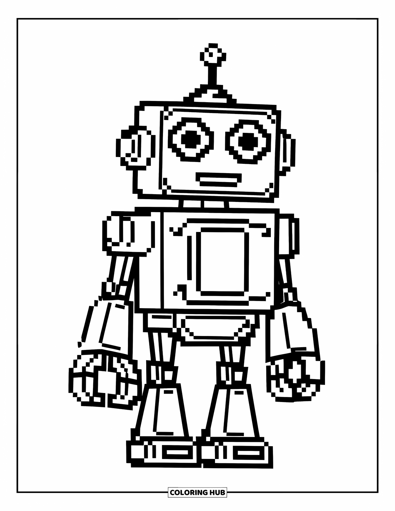 Pixel Coloring Page for Kids: Pixel robot with a simple square design and gear eyes