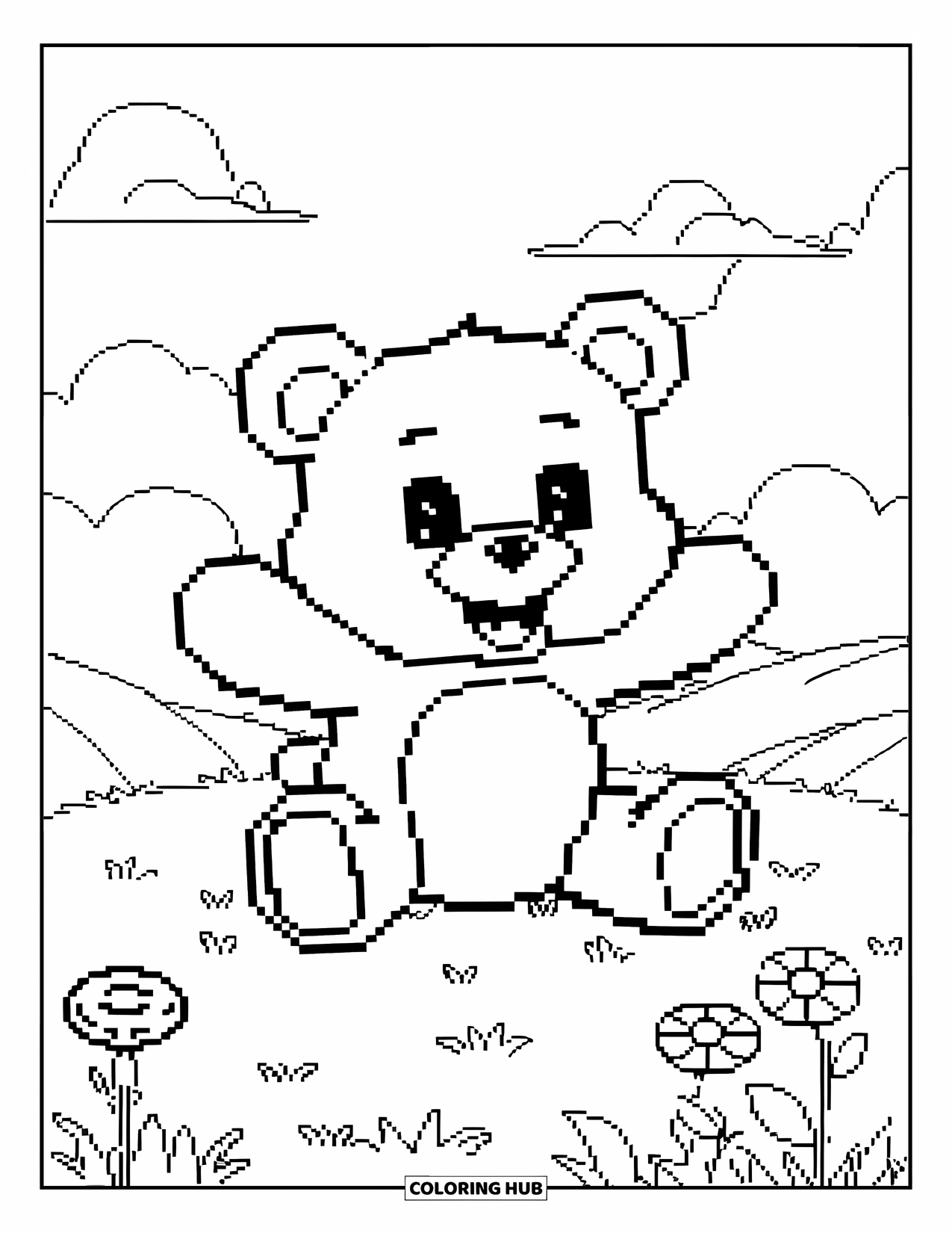 Pixel Coloring Page for Kids: Pixel teddy bear sitting in a grassy field with flowers and clouds