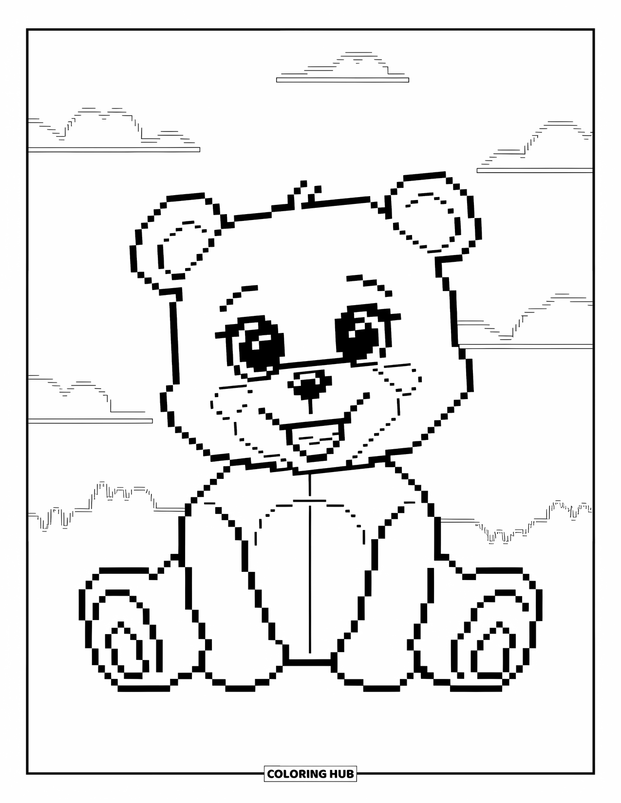 Pixel Coloring Page for Kids: Pixel teddy bear sitting with arms wide open and a cheerful smile