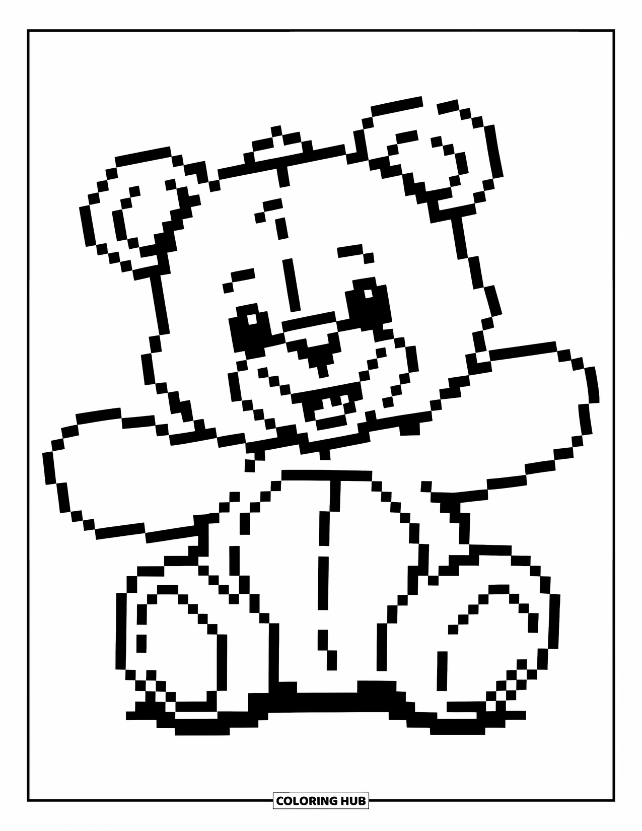 Pixel Coloring Page for Kids: Pixel teddy bear with a round body and a smiling face