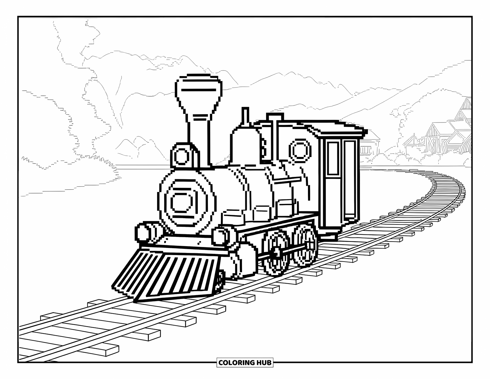 Pixel Coloring Page for Kids: Pixel train chugging along tracks with greenery and buildings