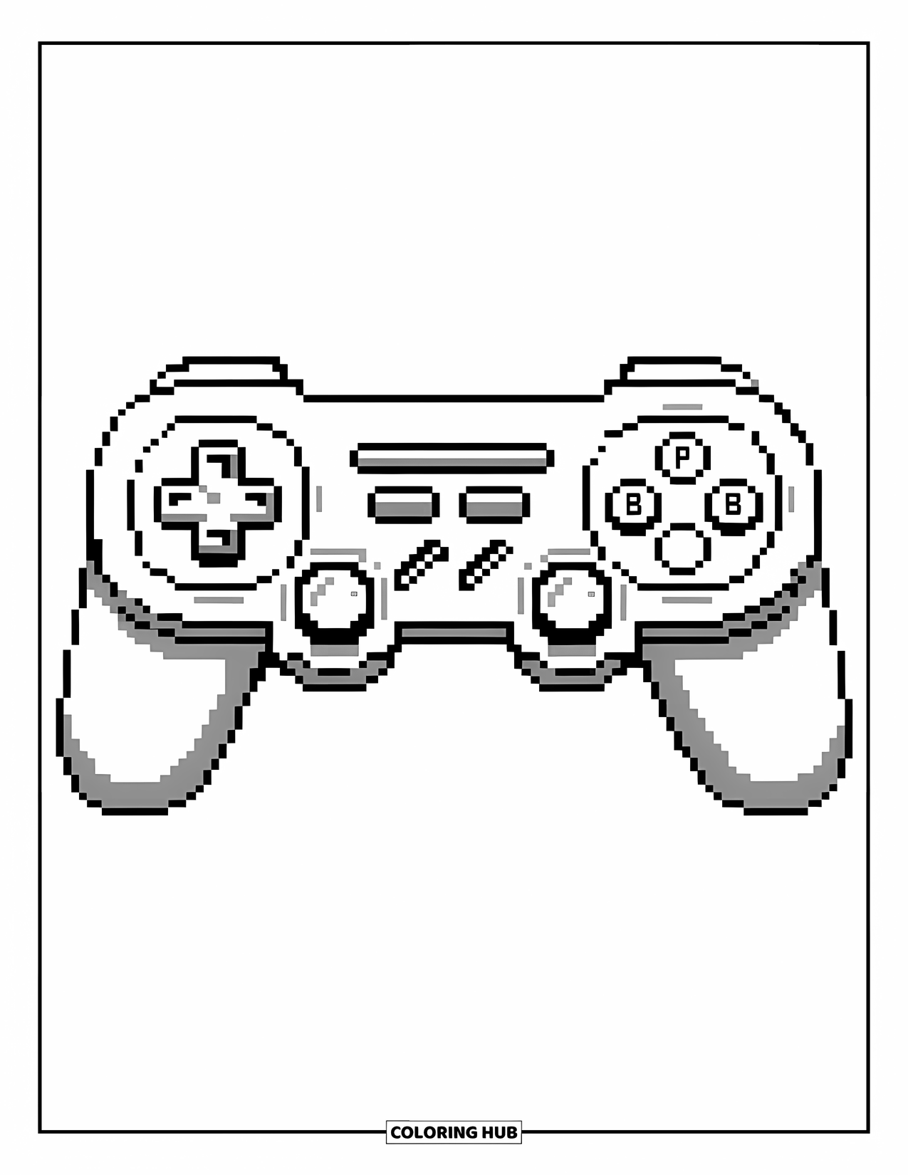 Pixel Coloring Page for Kids: Pixel video game controller with detailed buttons and grip