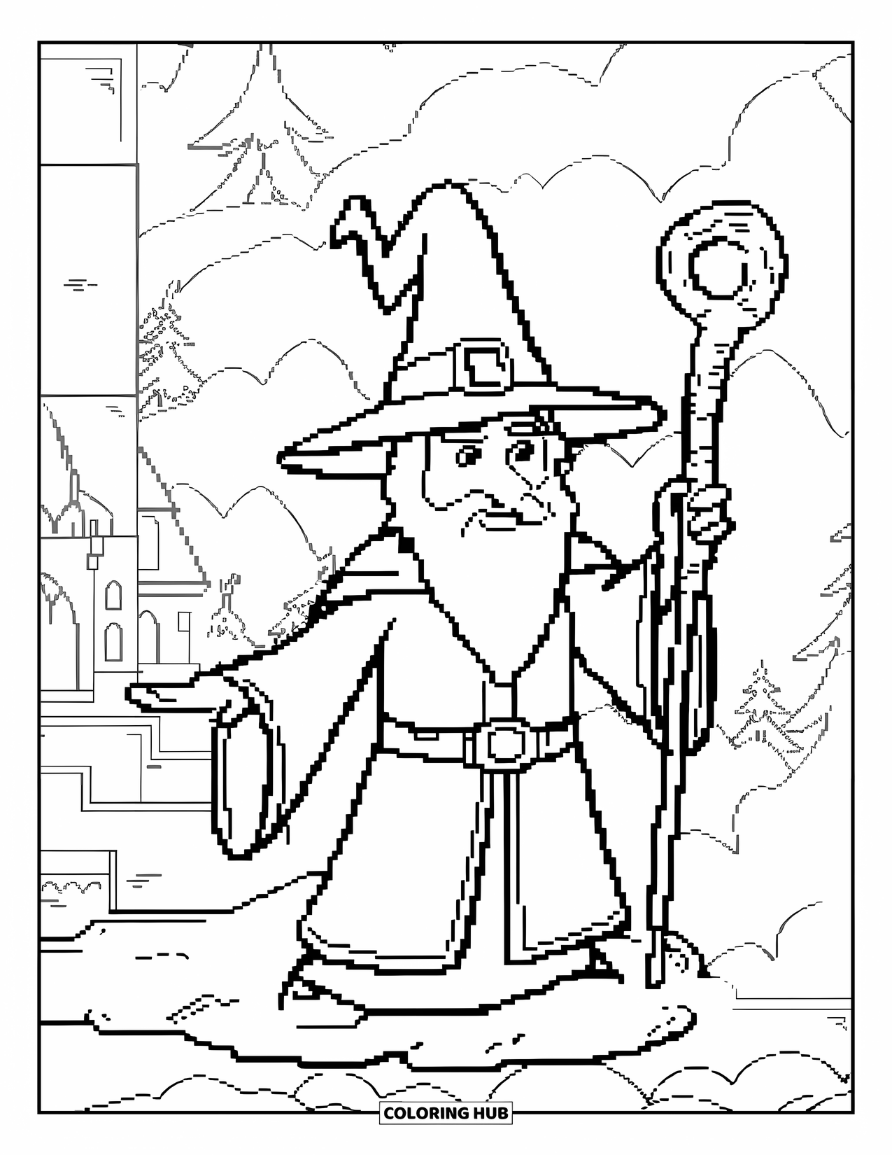 Pixel Coloring Page for Kids: Pixel wizard with a castle and trees in the background