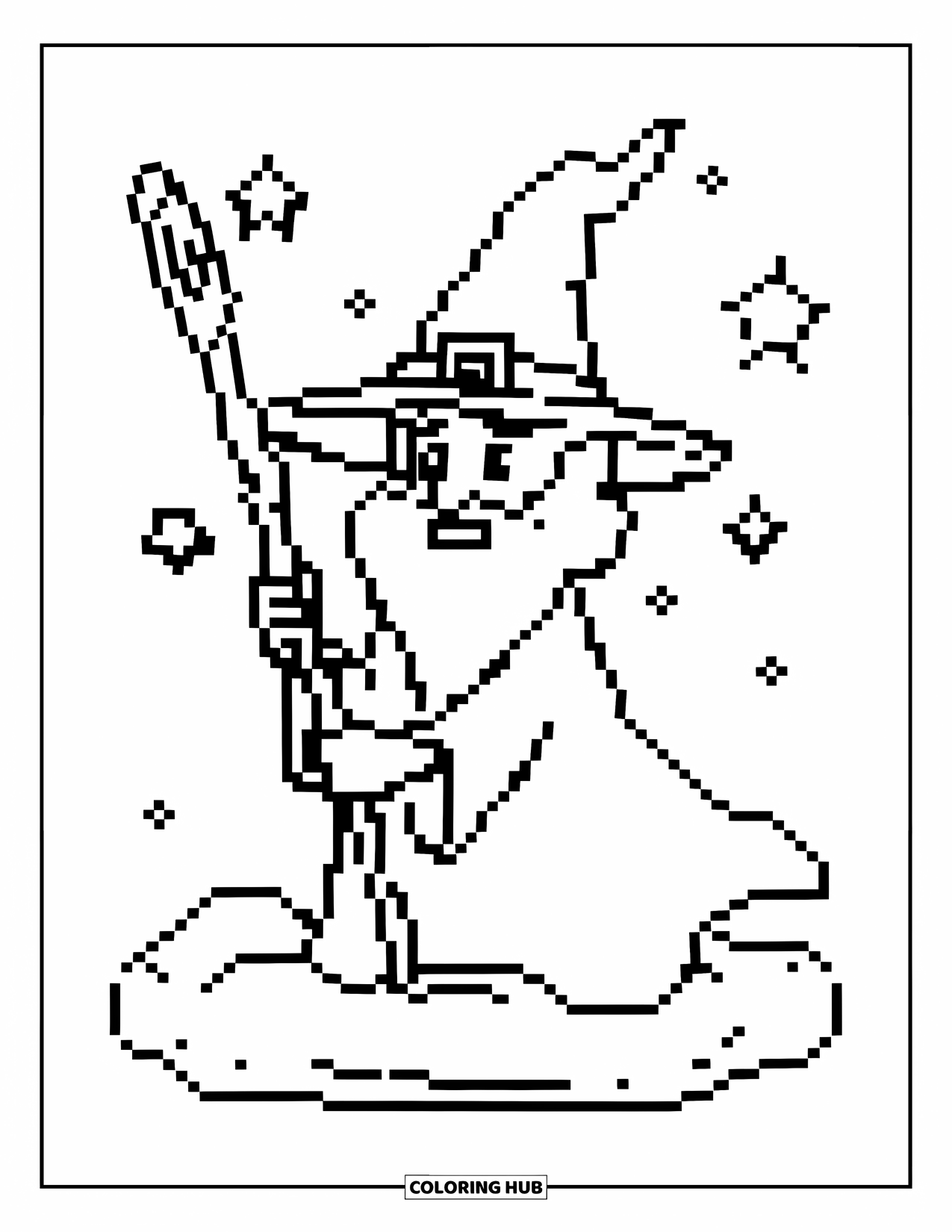 Pixel Coloring Page for Kids: Pixel wizard with a staff standing on a cloud