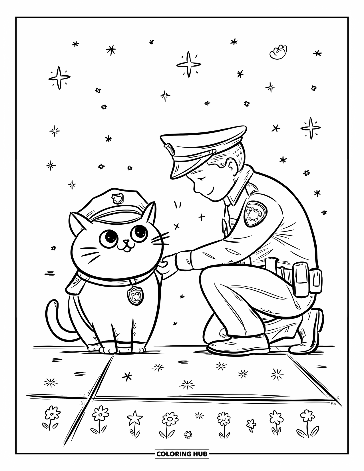 Police Coloring Page for Adults: A chubby police cat gets a badge sticker from a friendly kneeling officer on a sparkly sidewalk