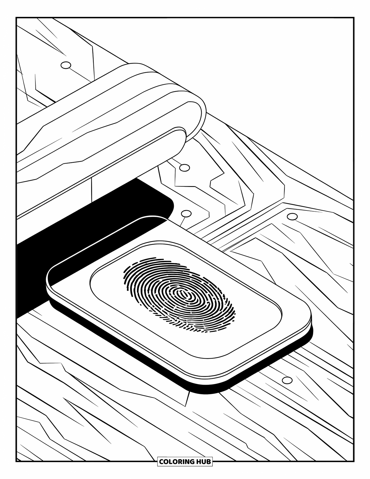 Police Coloring Page for Adults: A close-up of a police fingerprint scanner with abstract circuit lines on a wooden surface