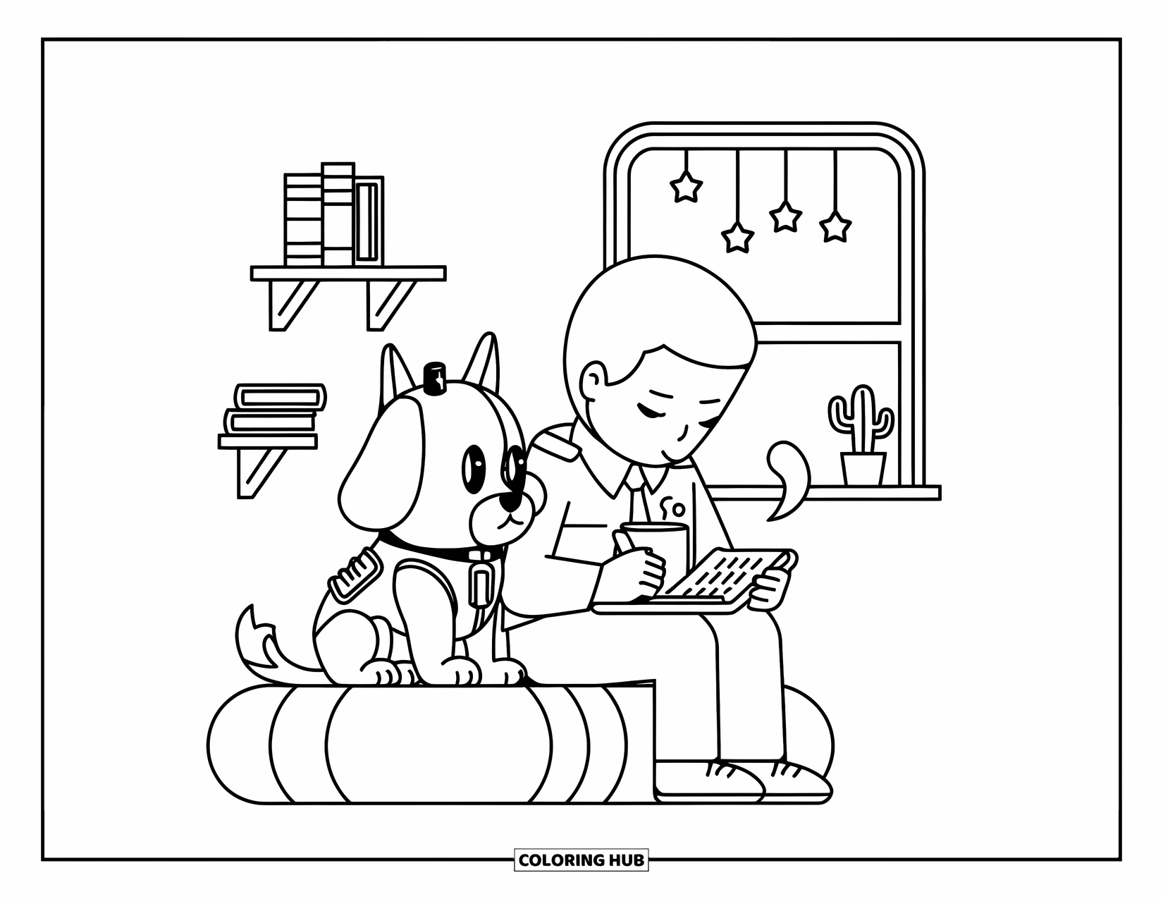 Police Coloring Page for Adults: A cute police dog sits beside an officer with books and stars around them
