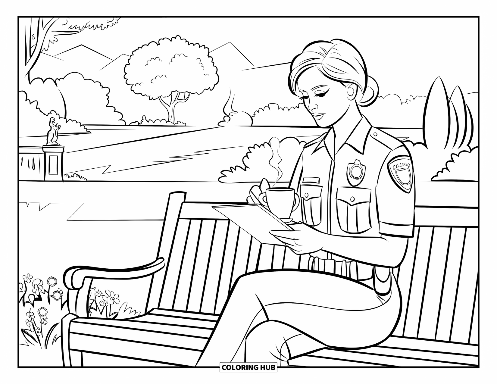 Police Coloring Page for Adults: A female officer sips coffee on a bench, reviewing notes in a peaceful garden