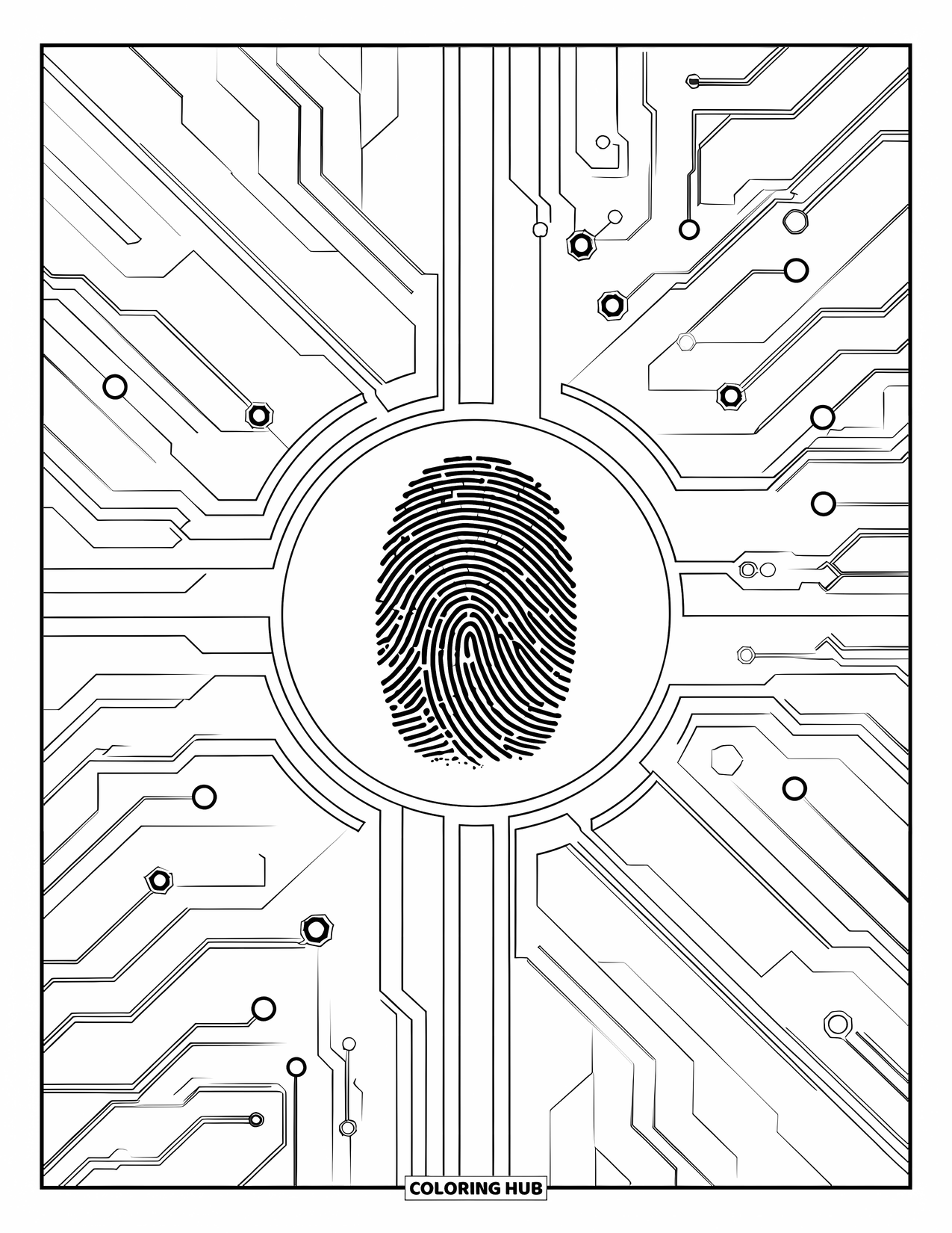 Police Coloring Page for Adults: A fingerprint scanner with a circular depression and detailed circuit lines crossing over
