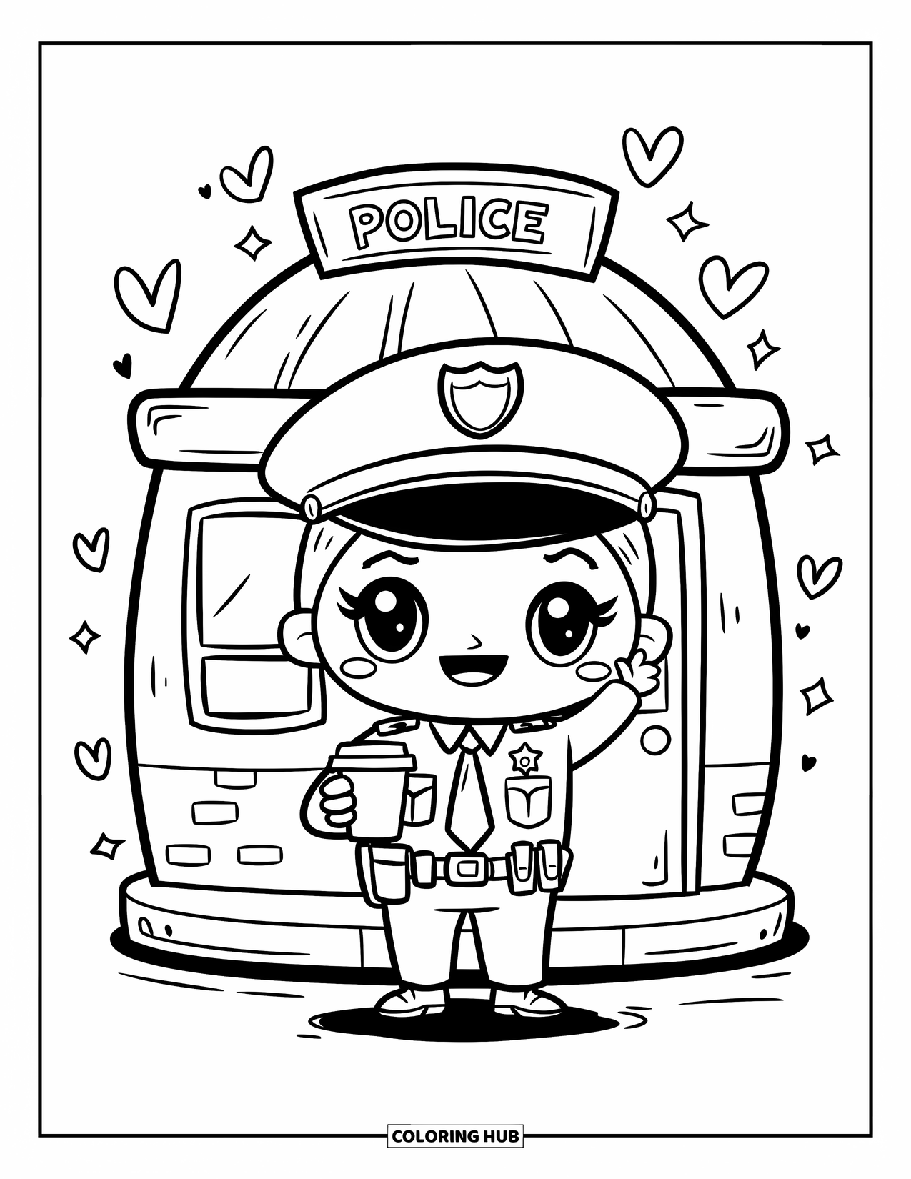 Police Coloring Page for Adults: A kawaii police officer waves with coffee by a rounded station and floating hearts