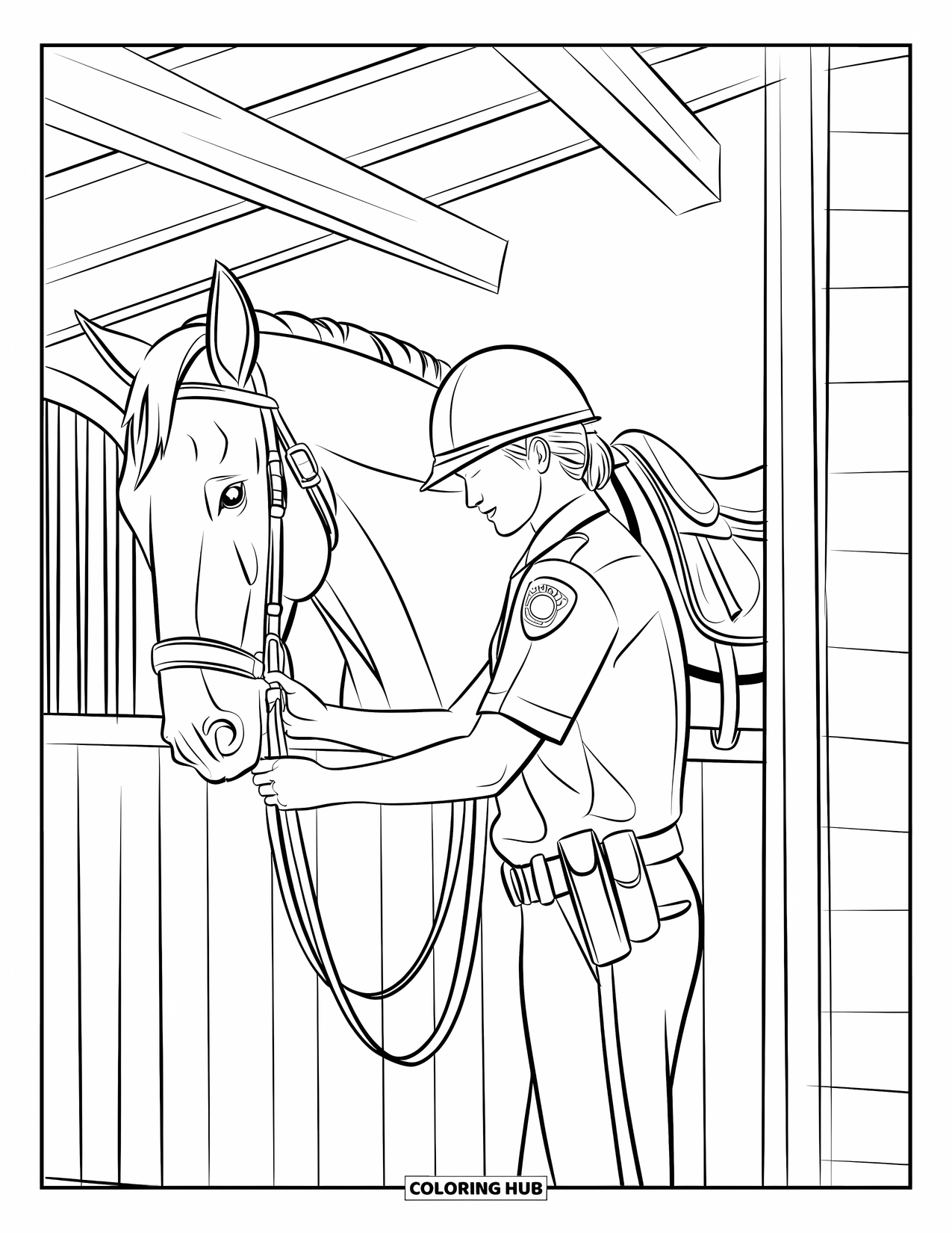 Police Coloring Page for Adults: A mounted officer gently grooms their horse inside a quiet, fenced stable
