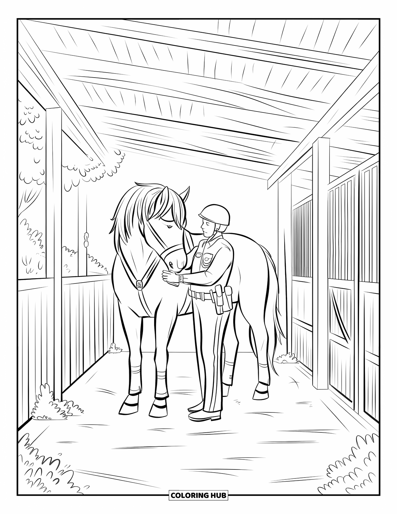 Police Coloring Page for Adults: A mounted officer grooms a horse in a peaceful stable surrounded by nature