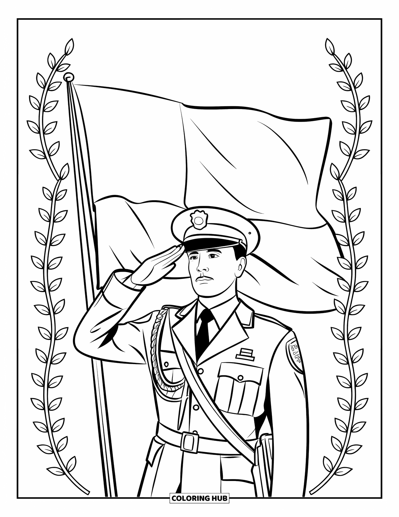 Police Coloring Page for Adults: A police officer in dress uniform salutes with a flag and laurel borders behind