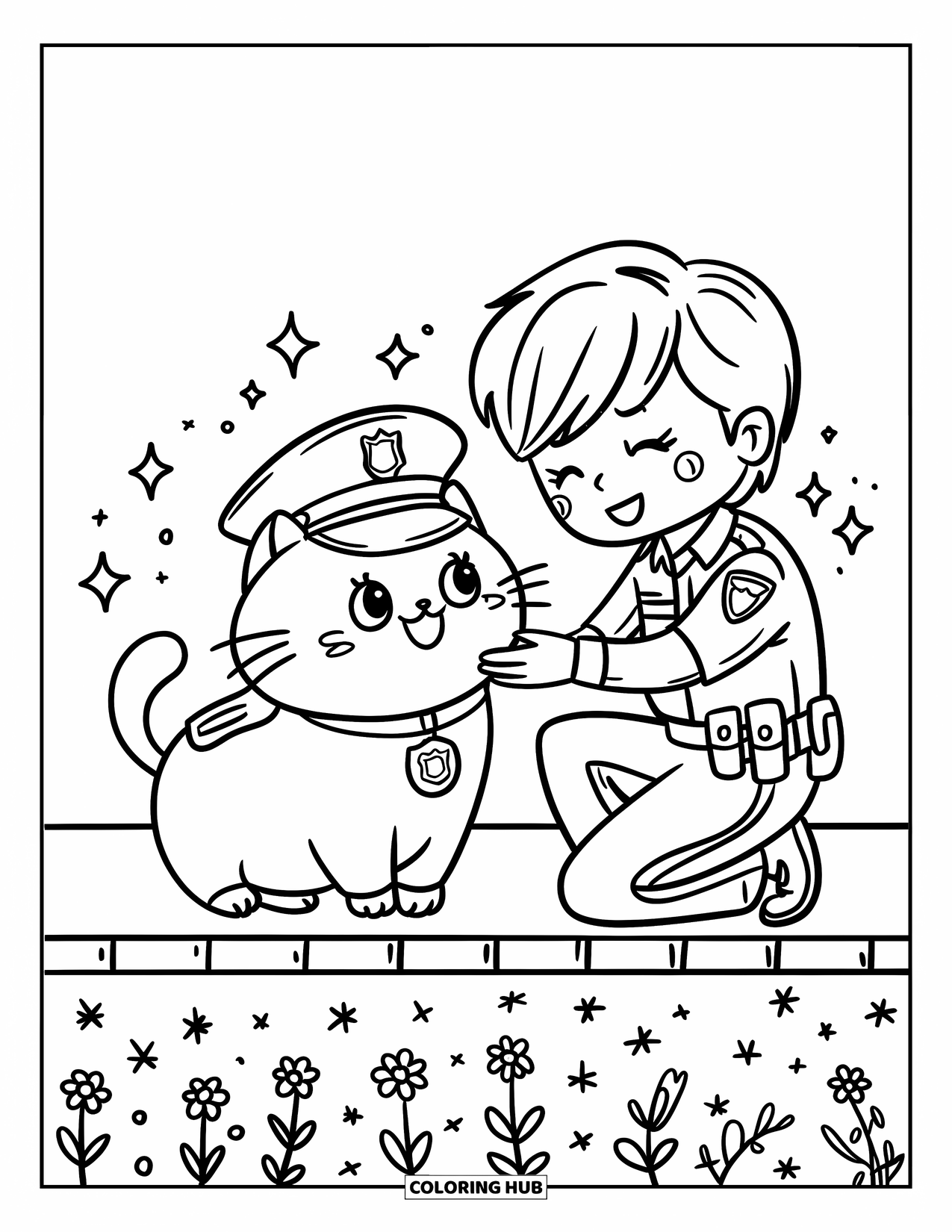Police Coloring Page for Adults: A proud police cat with a tiny cap gets a badge from a kneeling, kind officer