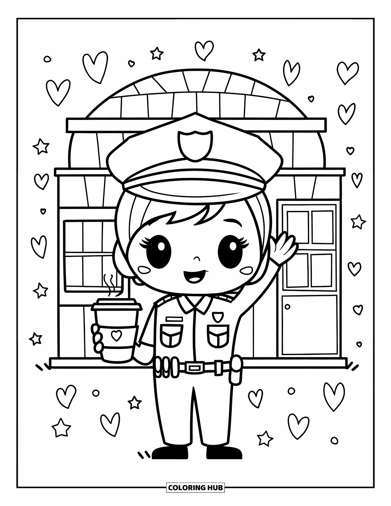 Police Coloring Page for Adults: A tiny kawaii officer waves with coffee in front of a rounded police station