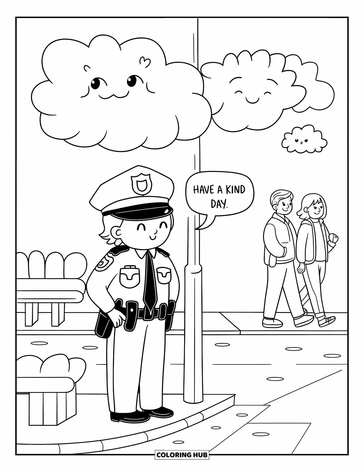 Police Coloring Page for Adults: A warm officer says "Have a kind day" with pedestrians, clouds, and a soft bench