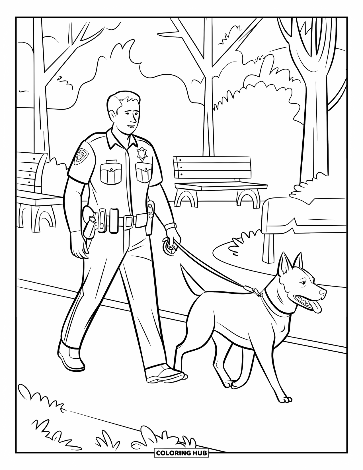 Police Coloring Page for Adults: An officer walks a K9 dog on a leash through a park with trees and benches