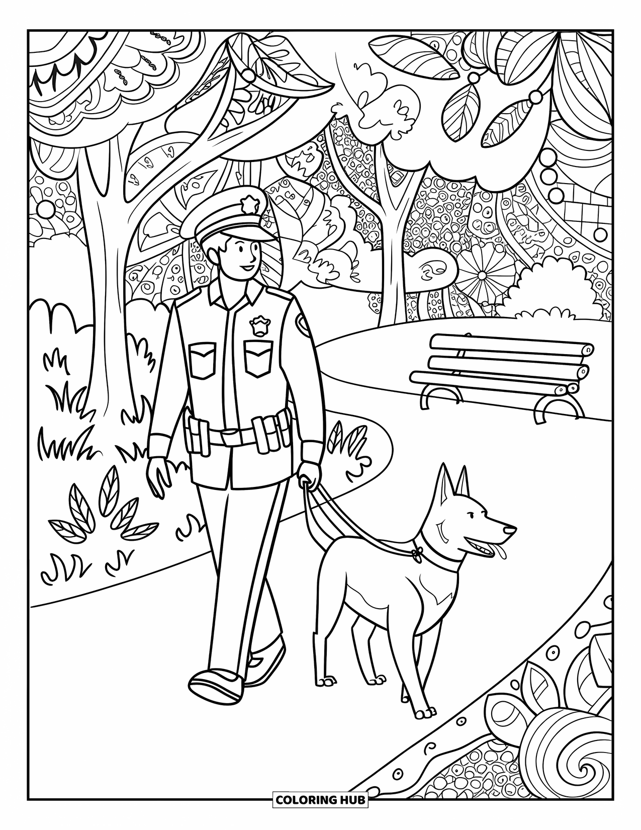 Police Coloring Page for Adults: An officer walks a K9 dog through a park with flowers, leaves, and artistic patterns