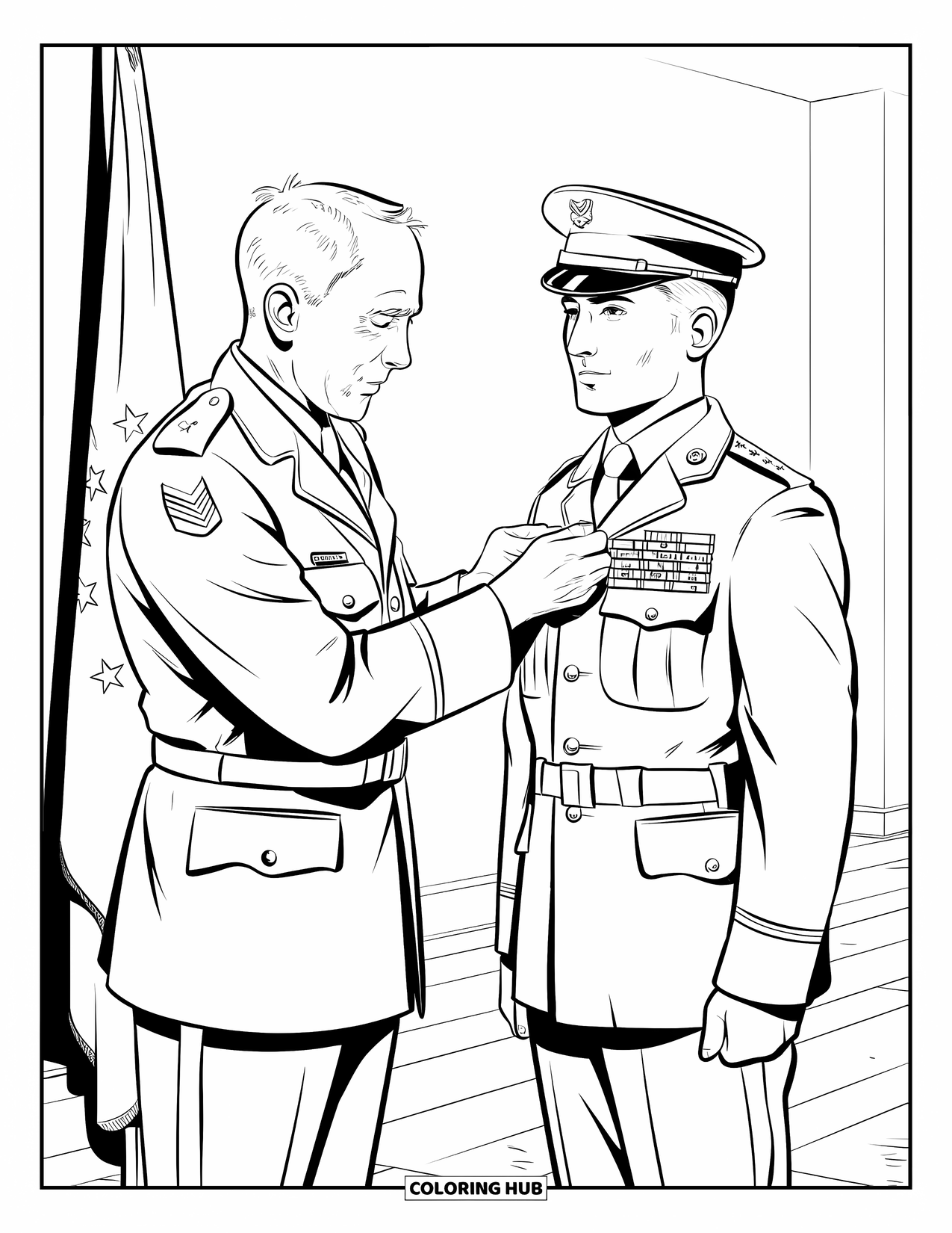 Police Coloring Page for Adults: An older officer awards a badge to a recruit standing at attention near a flag