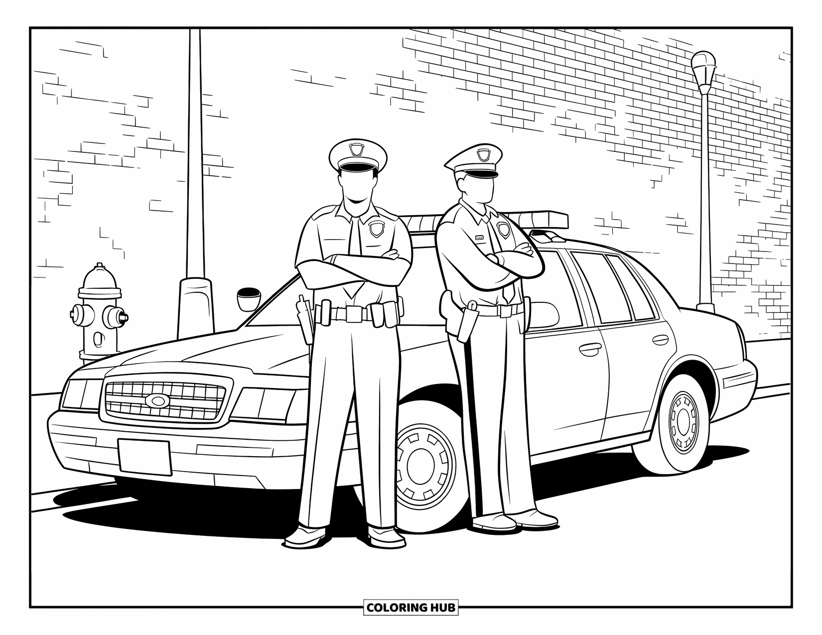 Police Coloring Page for Adults: Two officers lean on their police car near a brick wall with graffiti and a lamp post