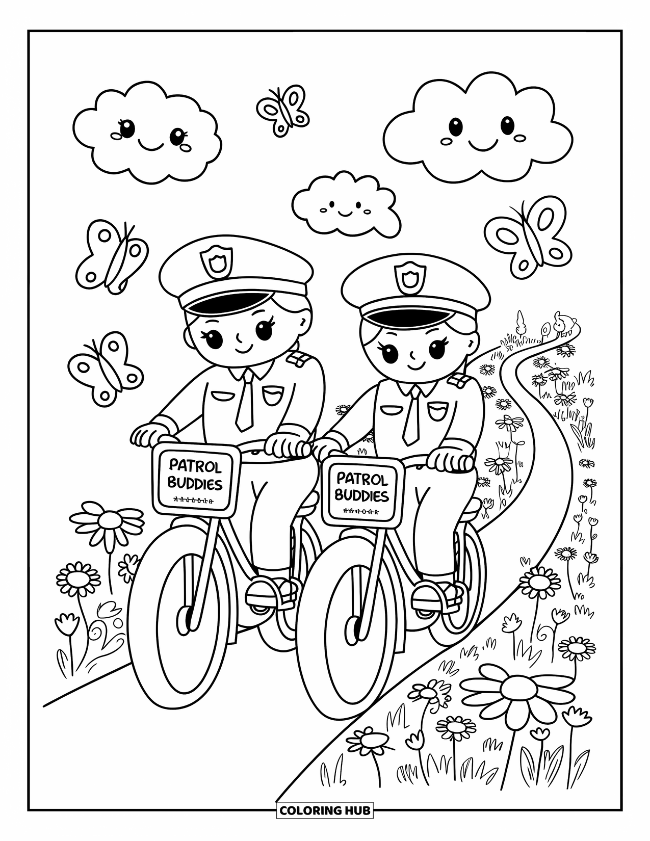 Police Coloring Page for Adults: Two officers ride big "Patrol Buddies" bikes along a garden path with butterflies and smiley clouds
