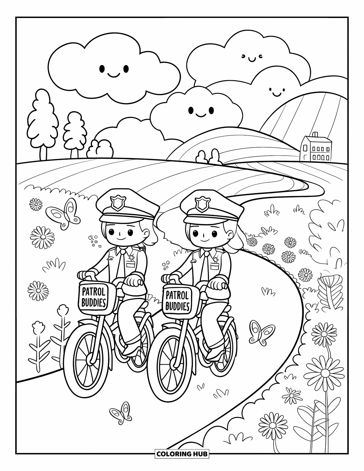 Police Coloring Page for Adults: Two officers ride "Patrol Buddies" bikes through hills and trees with drifting smiley clouds