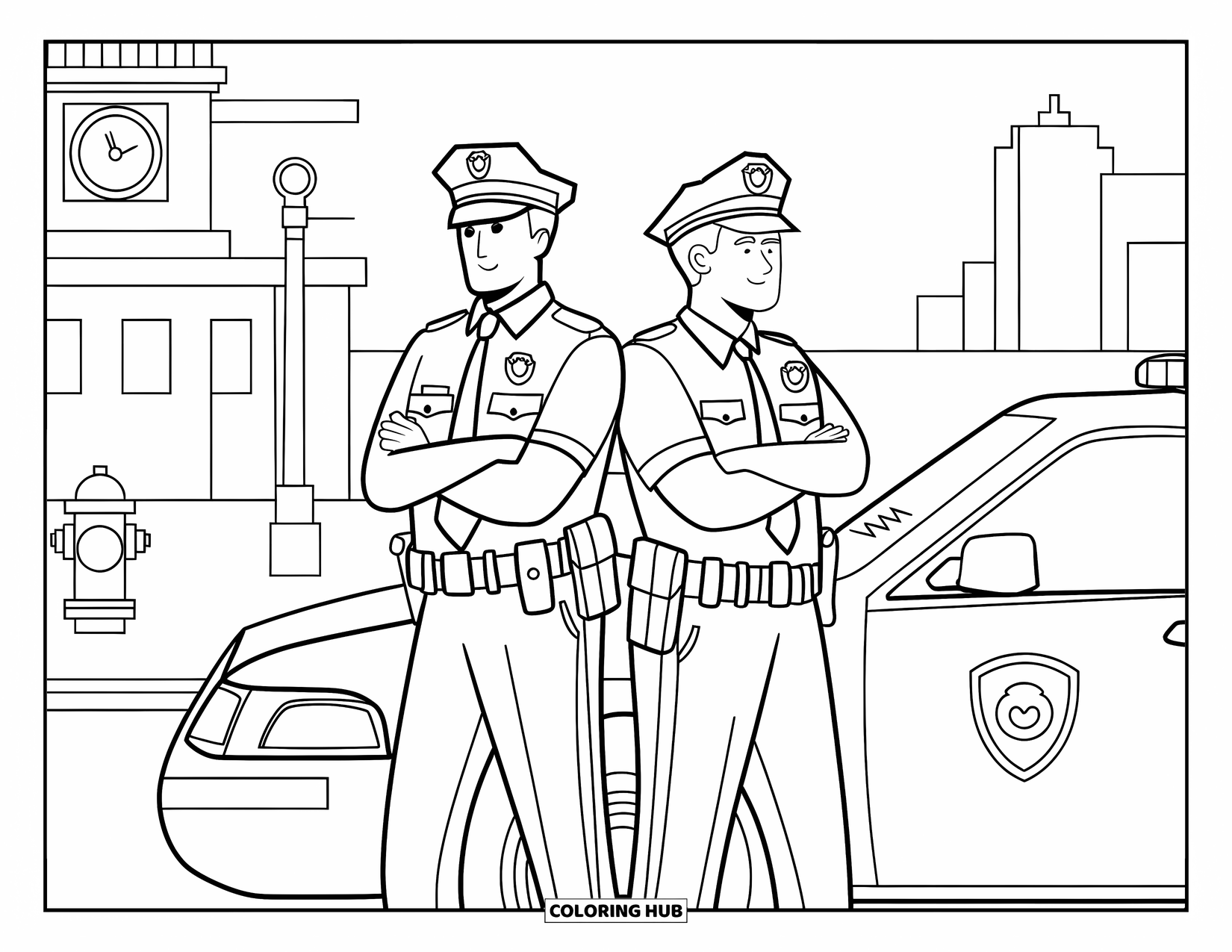 Police Coloring Page for Adults: Two officers stand by their police car near a clock tower and fire hydrant